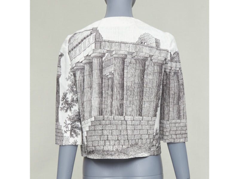 Dolce & Gabbana DOLCE GABBANA 2014 cream linen grey Greek Temple printed flax cropped jacket IT40 S Size S / US 4 / IT 40 - 5 Thumbnail