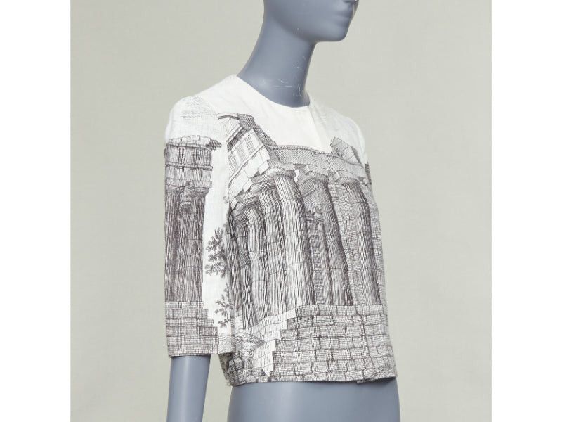 Dolce & Gabbana DOLCE GABBANA 2014 cream linen grey Greek Temple printed flax cropped jacket IT40 S Size S / US 4 / IT 40 - 3 Thumbnail