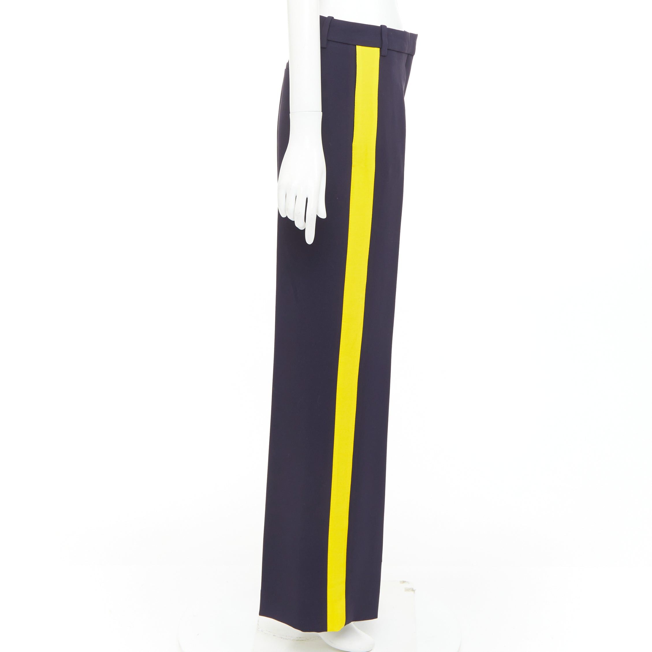 Victoria Beckham VVB VICTORIA BECKHAM navy yellow silk trimmed high waist wide trousers UK8 S Size 27" / US 4 / IT 40 - 4 Thumbnail