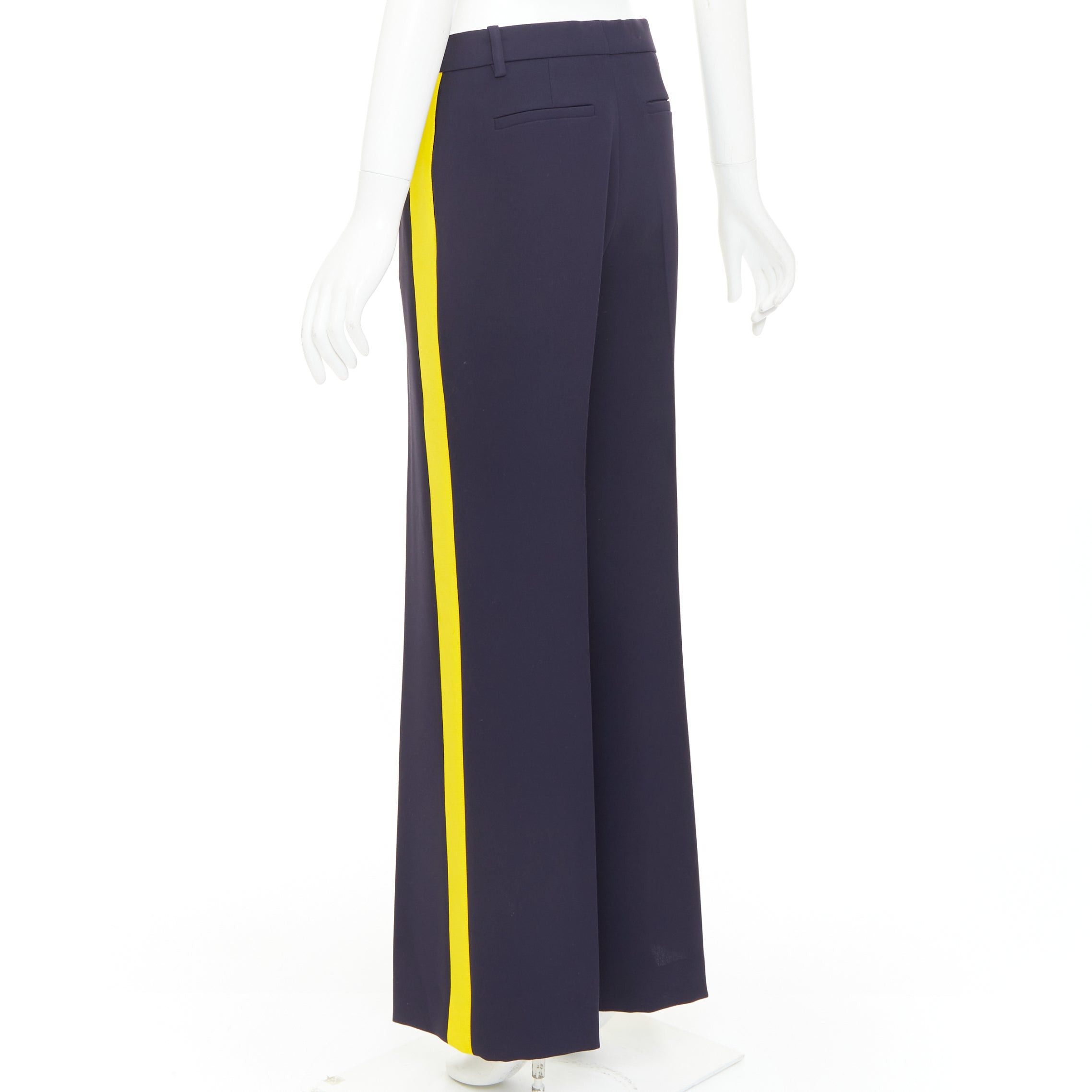 Victoria Beckham VVB VICTORIA BECKHAM navy yellow silk trimmed high waist wide trousers UK8 S Size 27" / US 4 / IT 40 - 6 Thumbnail