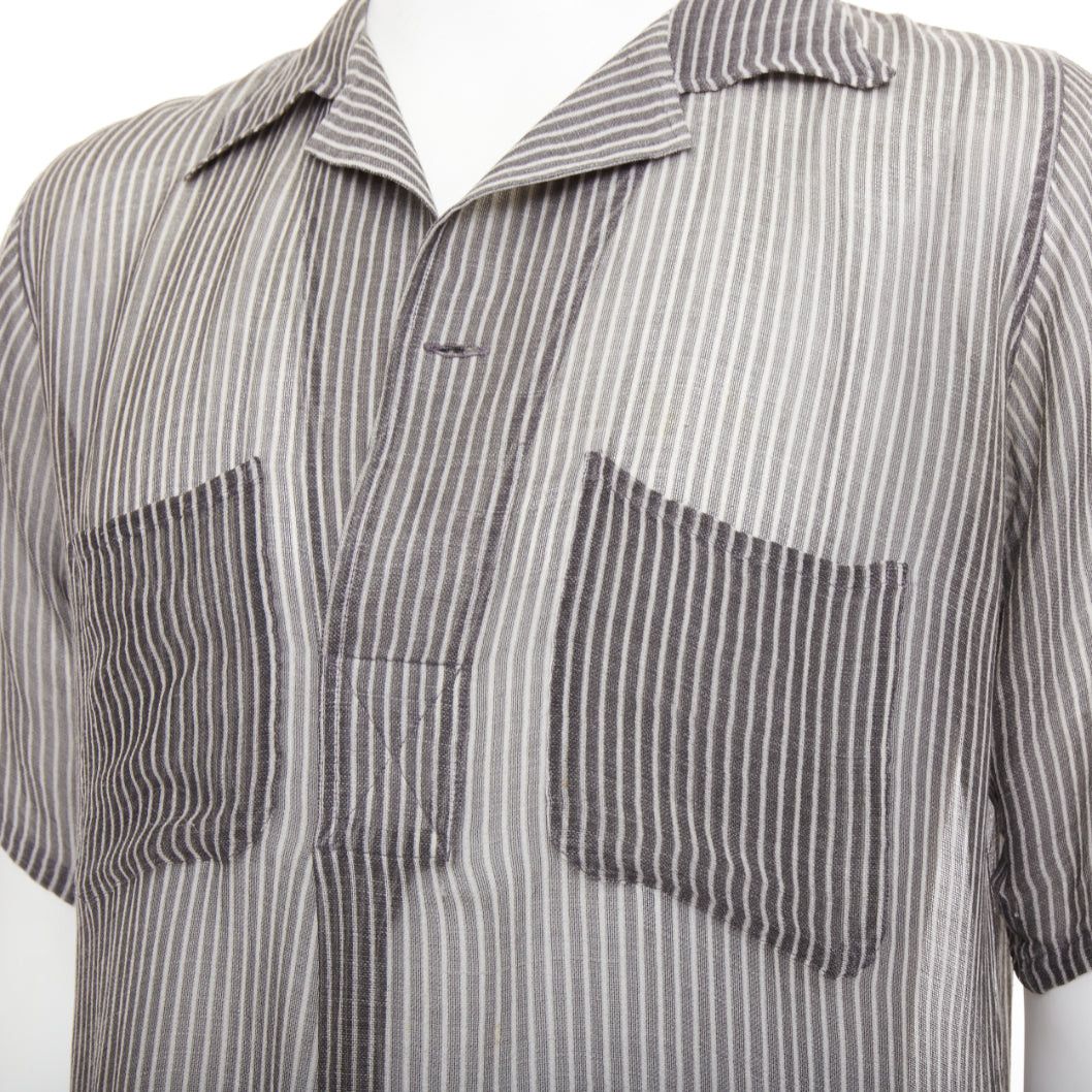 Dries Van Noten DRIES VAN NOTEN grey off white sheer striped buttoned polo shirt IT48 M Size US M / EU 48-50 / 2 - 2 Thumbnail