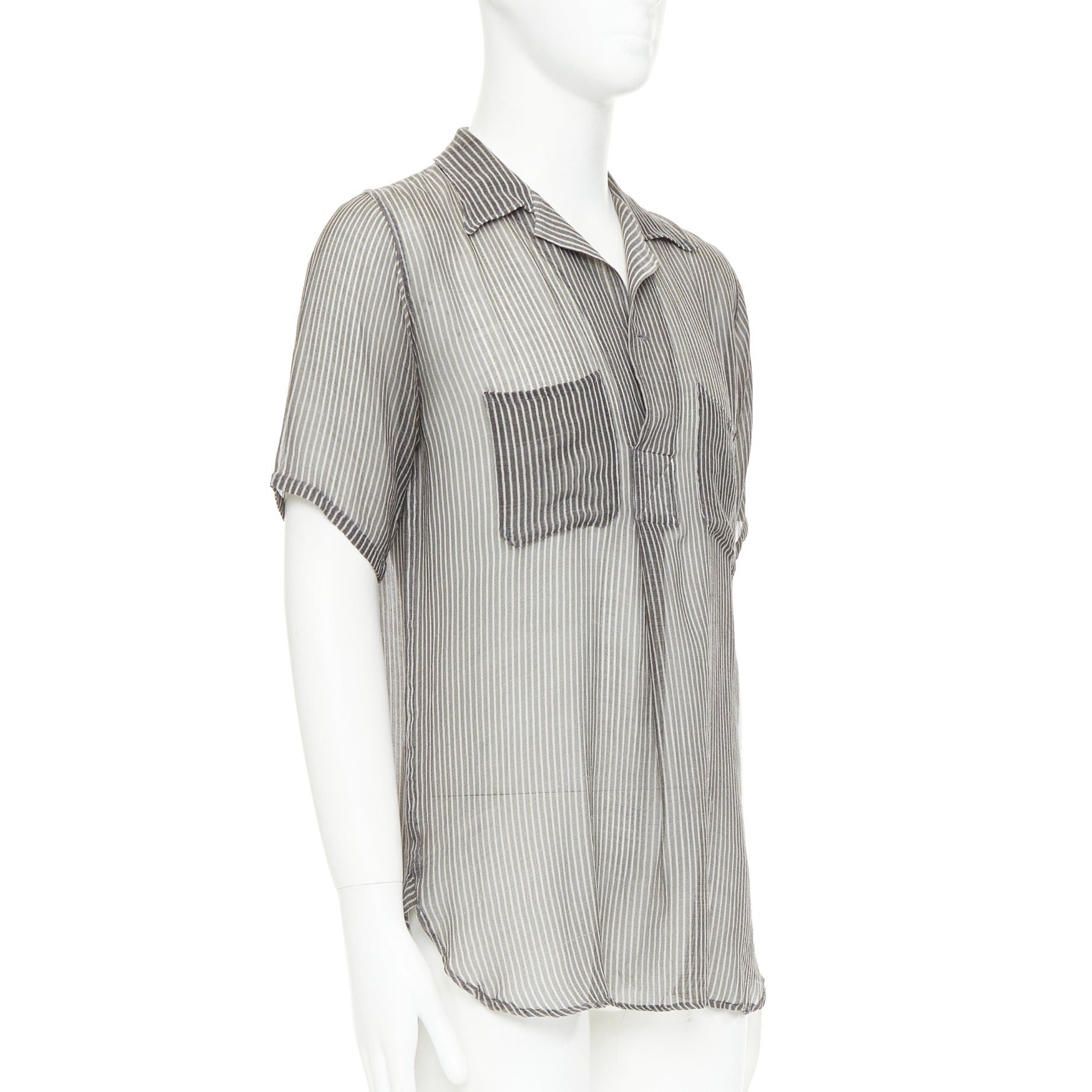 Dries Van Noten DRIES VAN NOTEN grey off white sheer striped buttoned polo shirt IT48 M Size US M / EU 48-50 / 2 - 3 Thumbnail