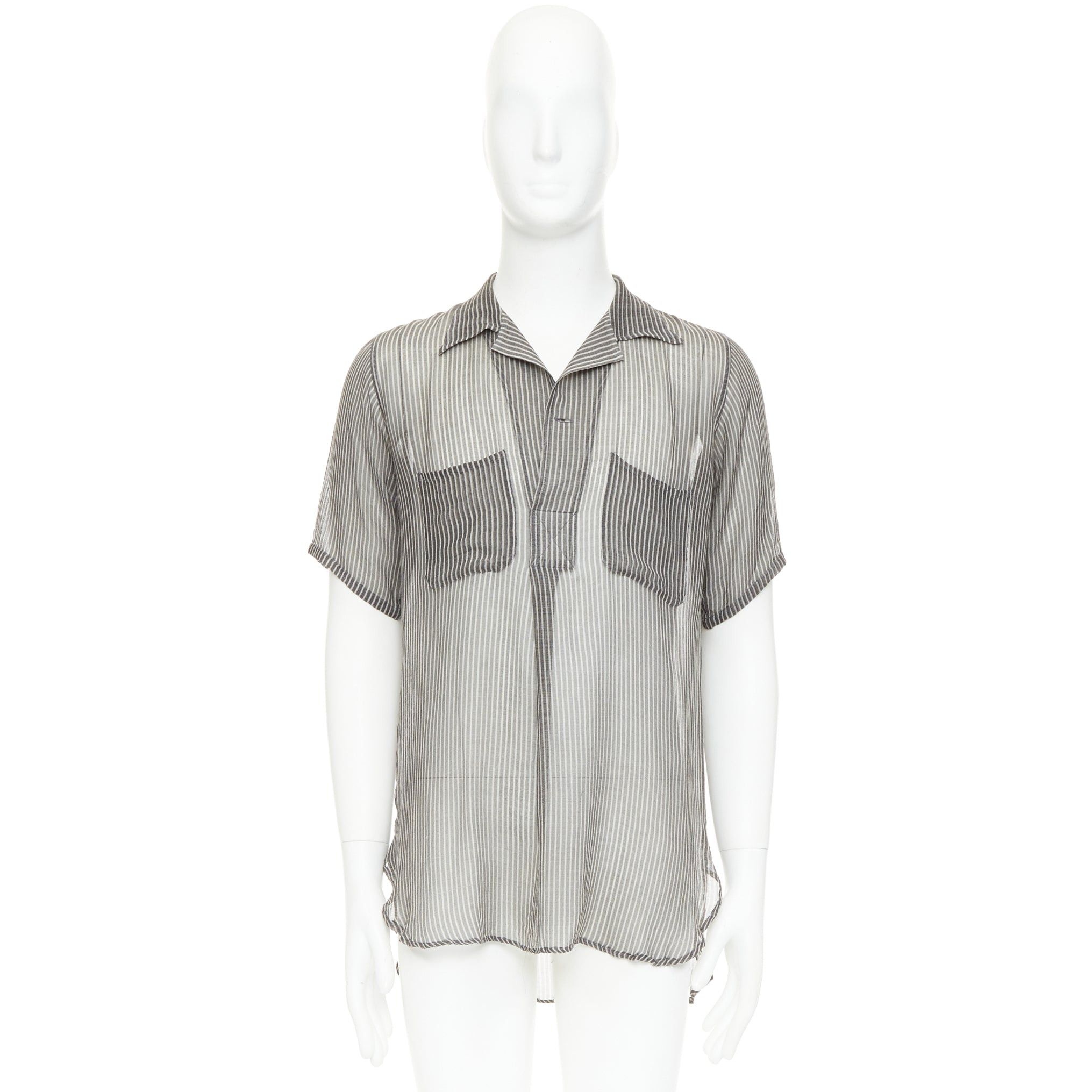 Dries Van Noten DRIES VAN NOTEN grey off white sheer striped buttoned polo shirt IT48 M Size US M / EU 48-50 / 2 - 9 Thumbnail