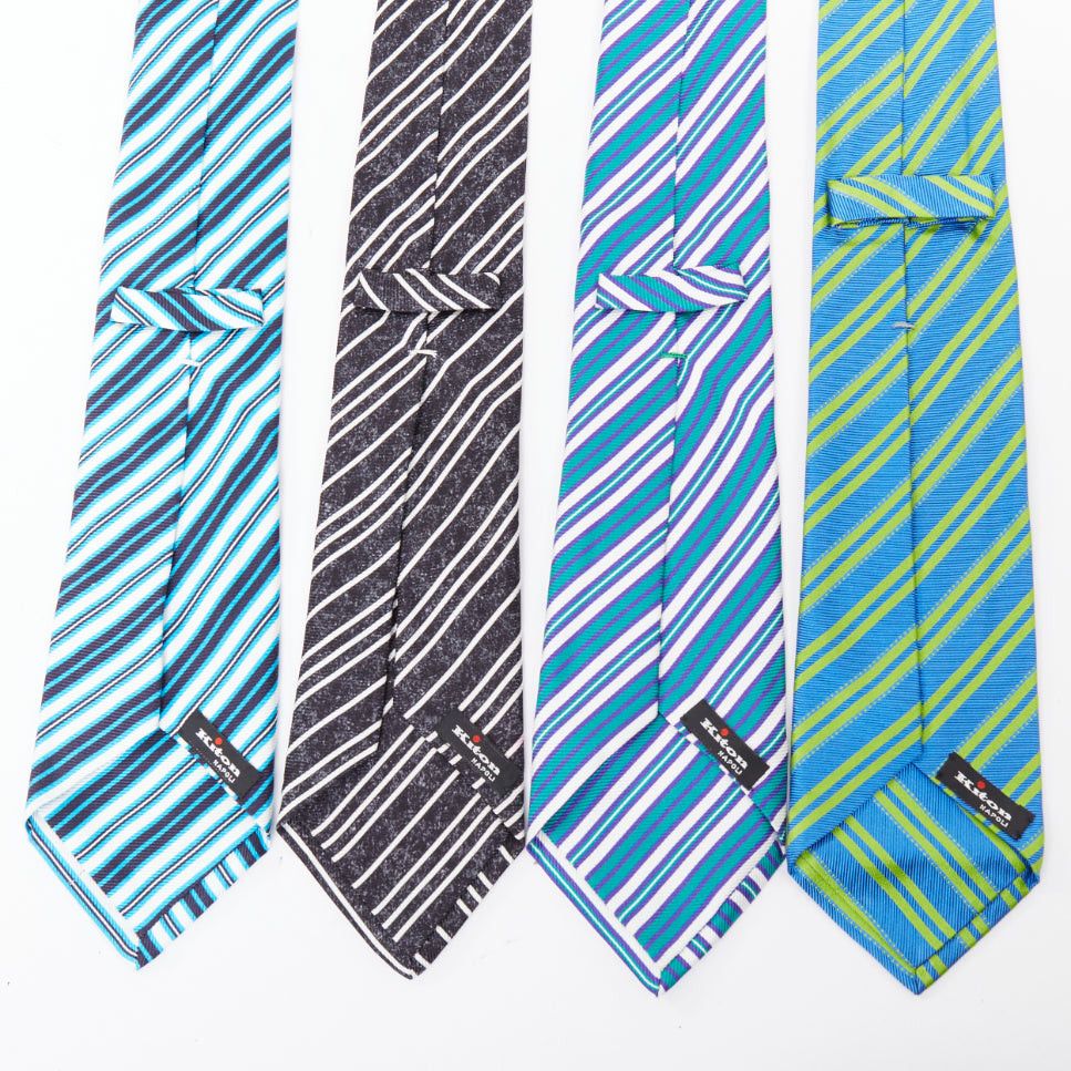 Kiton KITON NAPOLI Set of 4 100% silk blue green black white diagonal stripes dress tie Size ONE SIZE - 2 Thumbnail