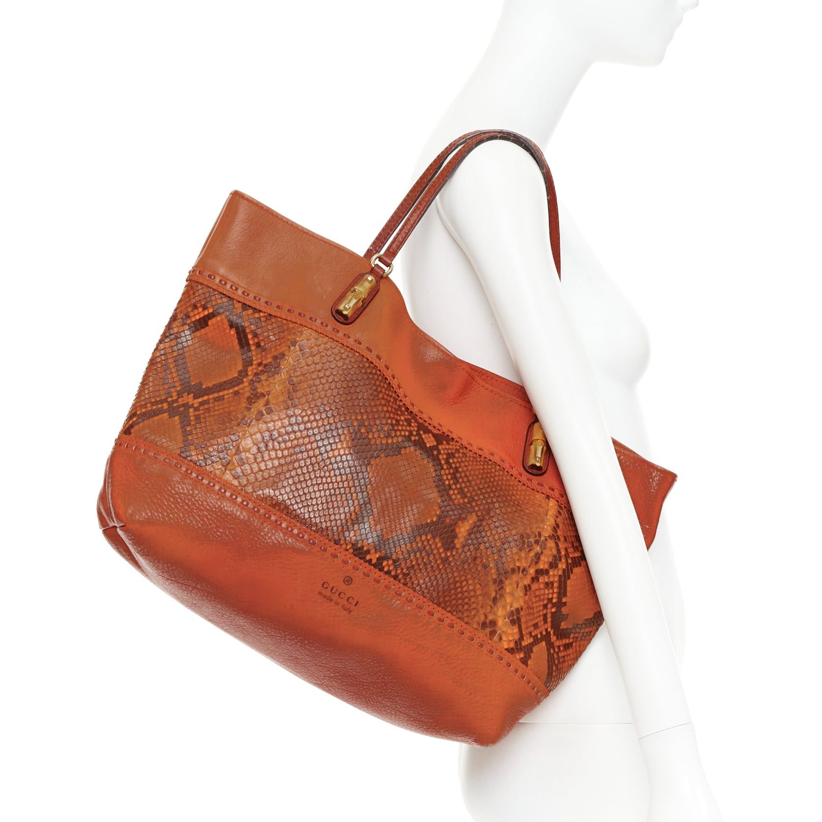 Gucci GUCCI Laidback Crafty tan calf leather scaled panel bamboo hardware tote bag Size ONE SIZE - 2 Thumbnail