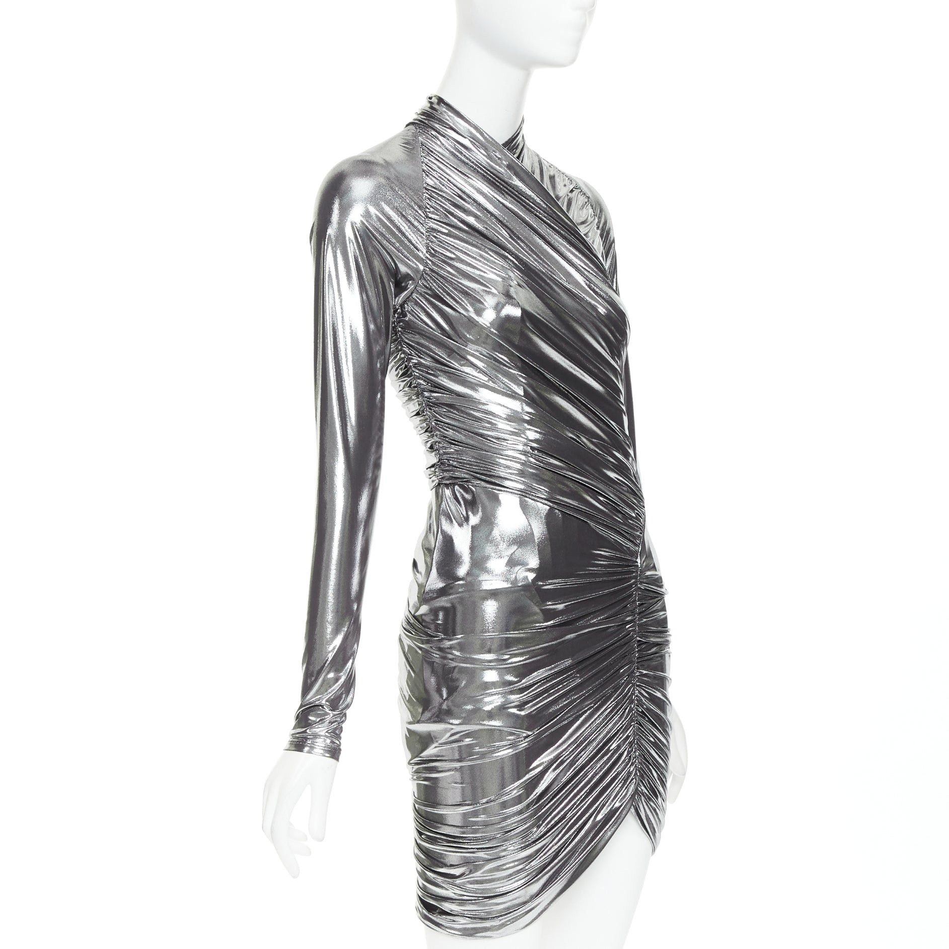 Salvatore Ferragamo FERRAGAMO Maximilian Davis 2023 Runway metallic silver lame wrapped dress IT40 S Size S / US 4 / IT 40 - 3 Thumbnail