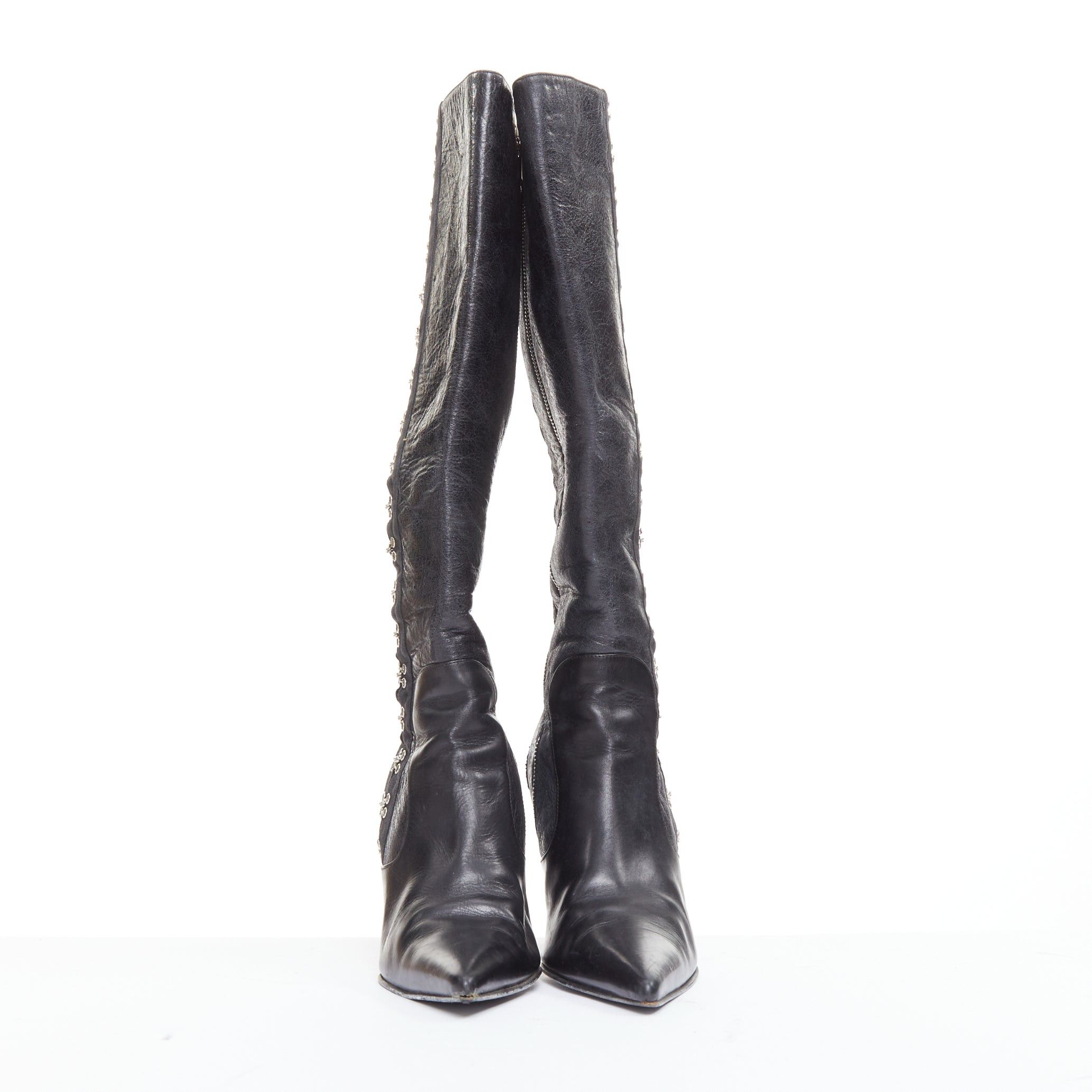 rare DOLCE GABBANA 2003 Vintage Corset black leather eyelet pointy tall boots EU38