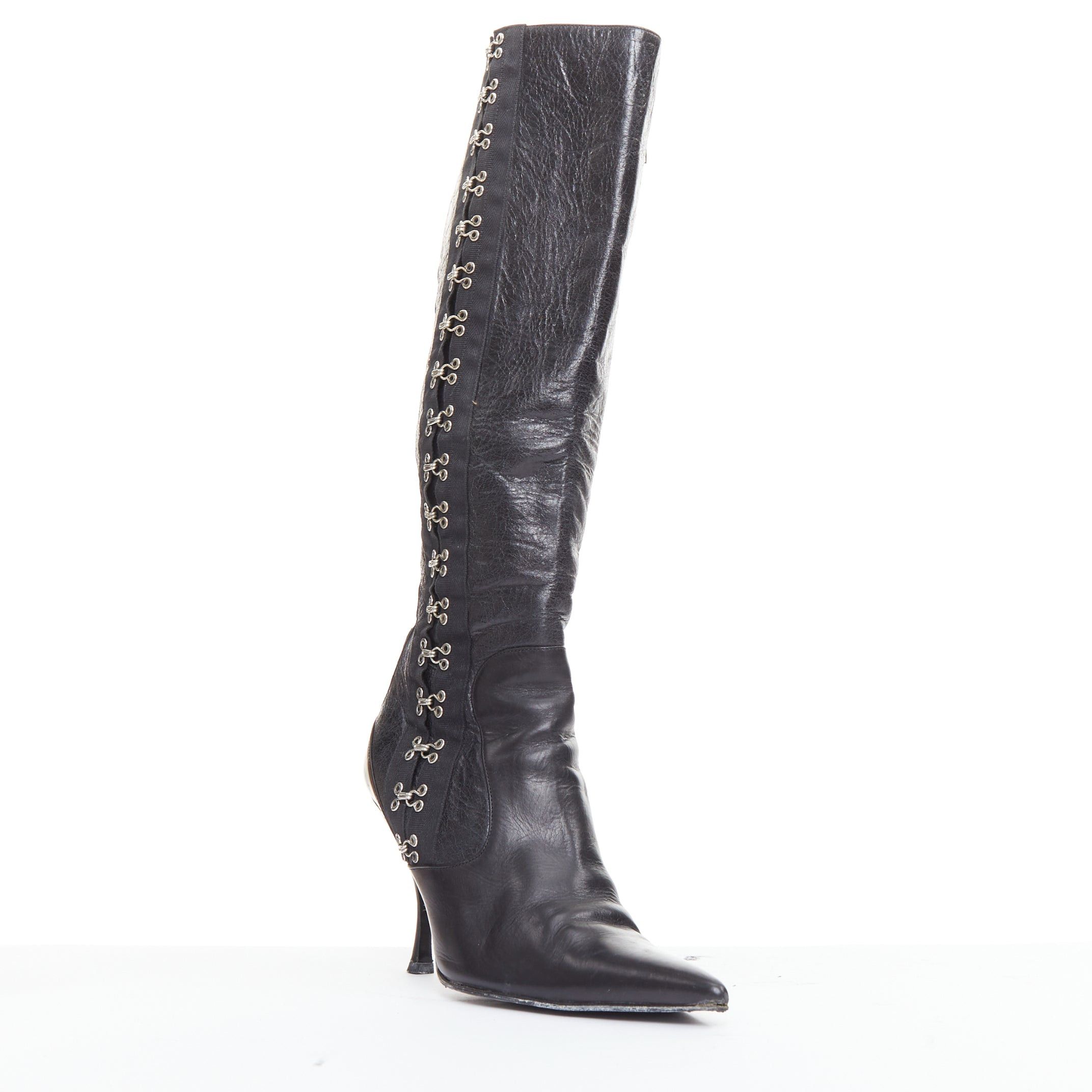 rare DOLCE GABBANA 2003 Vintage Corset black leather eyelet pointy tall boots EU38