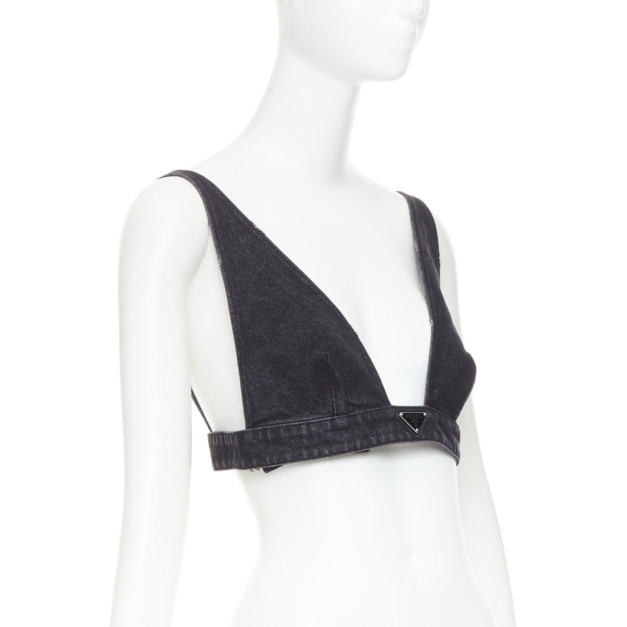 Prada PRADA 2022 dark grey denim black triangle logo plaque bralette crop top IT42 M Size M / US 6-8 / IT 42-44 - 3 Thumbnail