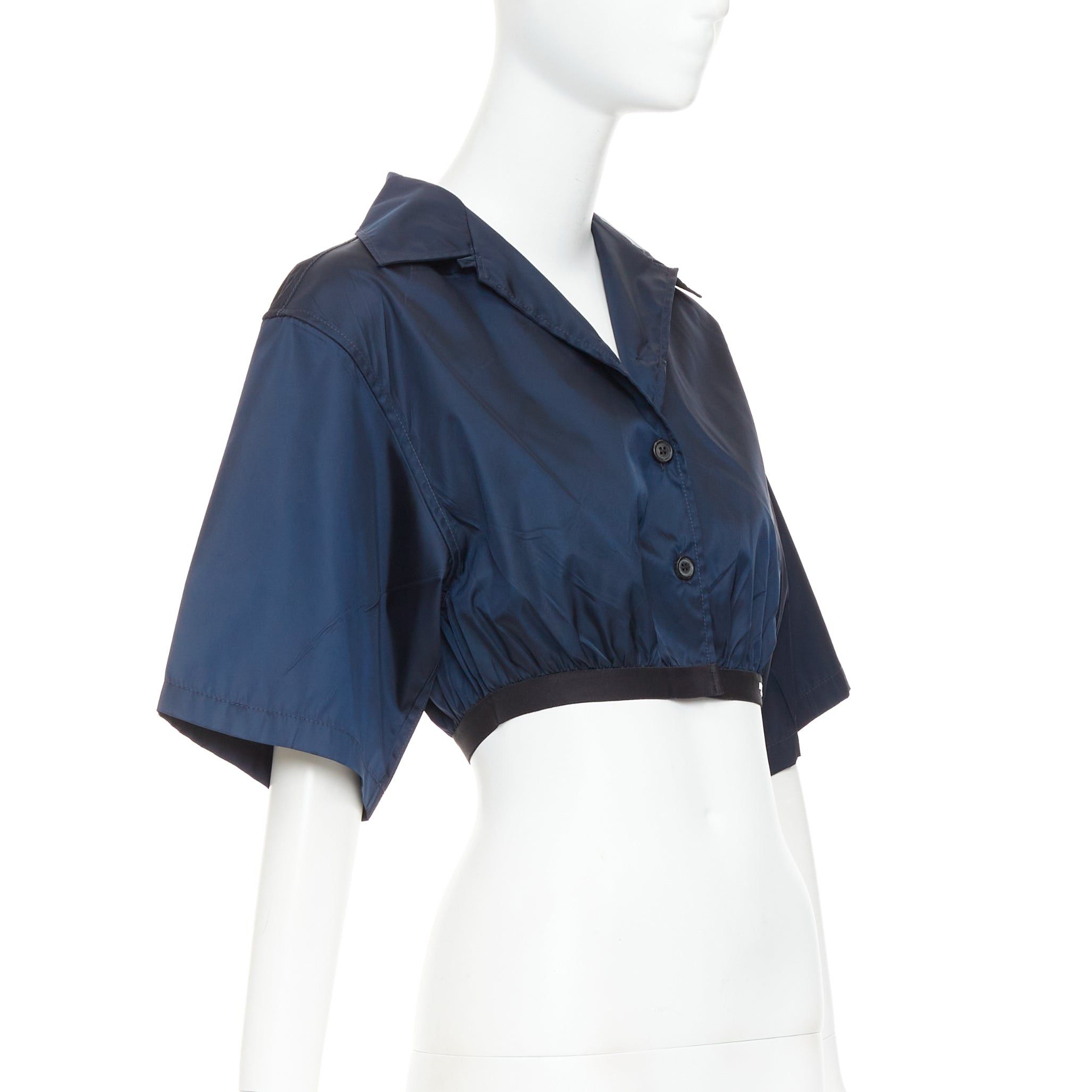 Prada PRADA 2022 Re-Nylon navy blue white logo cropped boxy shirt IT38 XS Size XS / US 0-2 / IT 36-38 - 3 Thumbnail