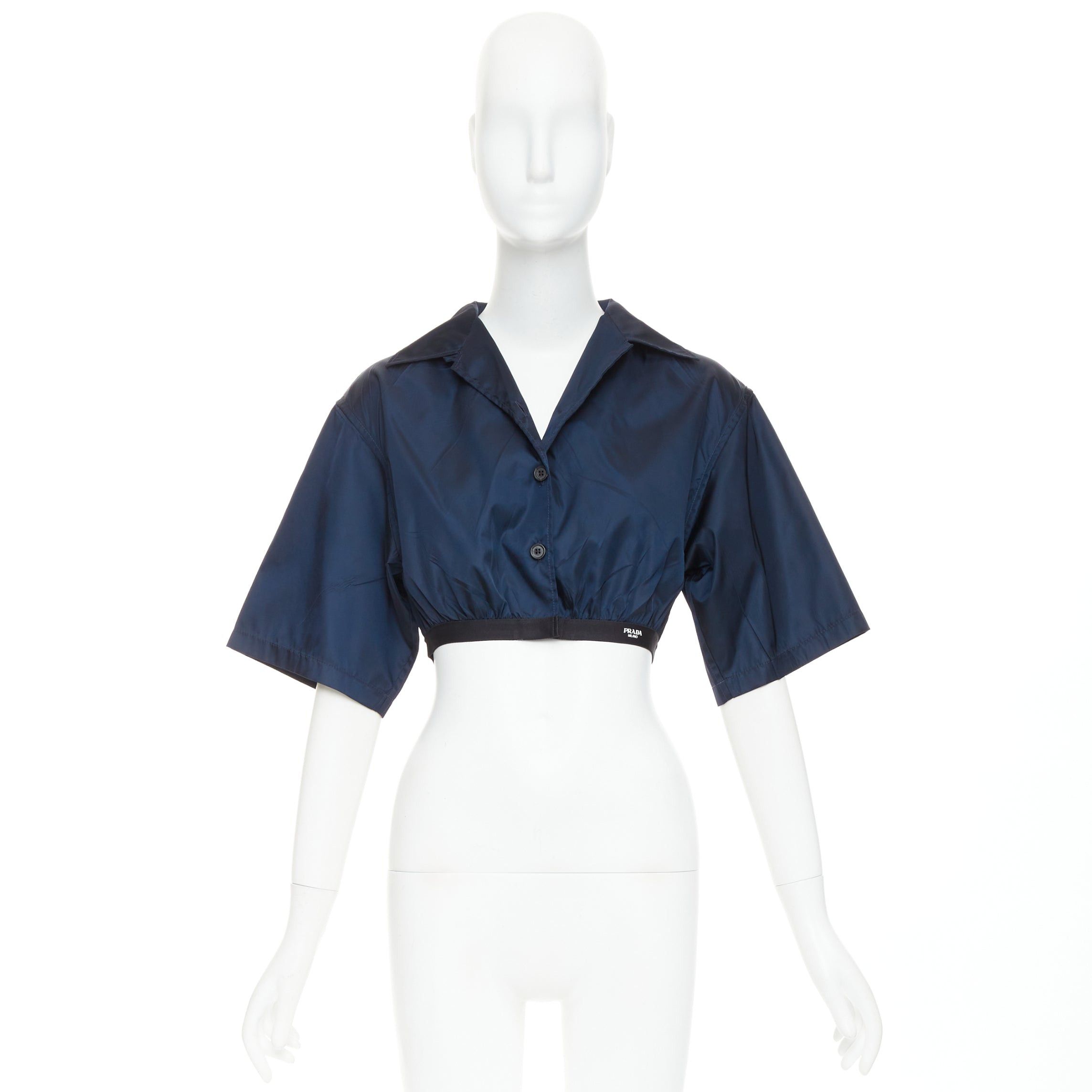 Prada PRADA 2022 Re-Nylon navy blue white logo cropped boxy shirt IT38 XS Size XS / US 0-2 / IT 36-38 - 9 Thumbnail
