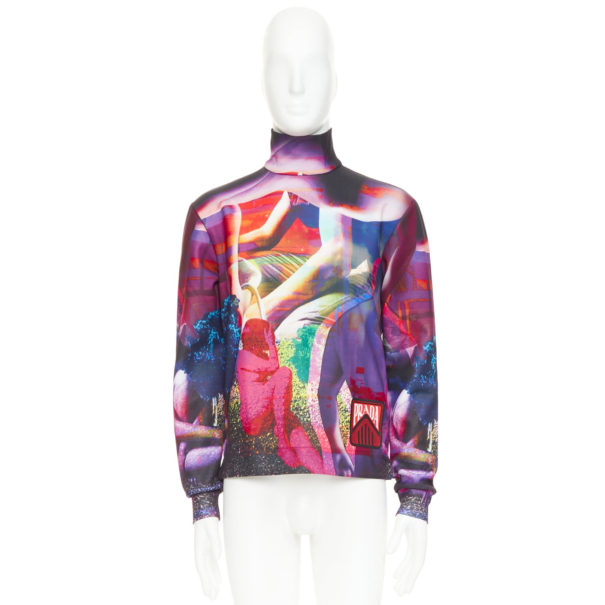 PRADA 2019 Runway purple psychedelic graphic print neoprene mock neck top M