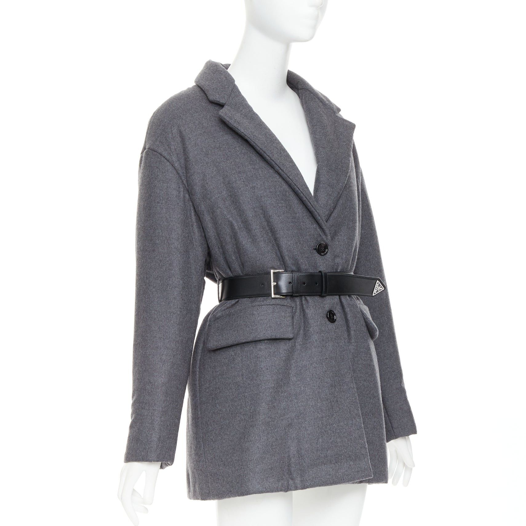Prada PRADA 2022 grey cashmere wool silver logo leather belted padded coat IT40 S Size S / US 4 / IT 40 - 4 Thumbnail