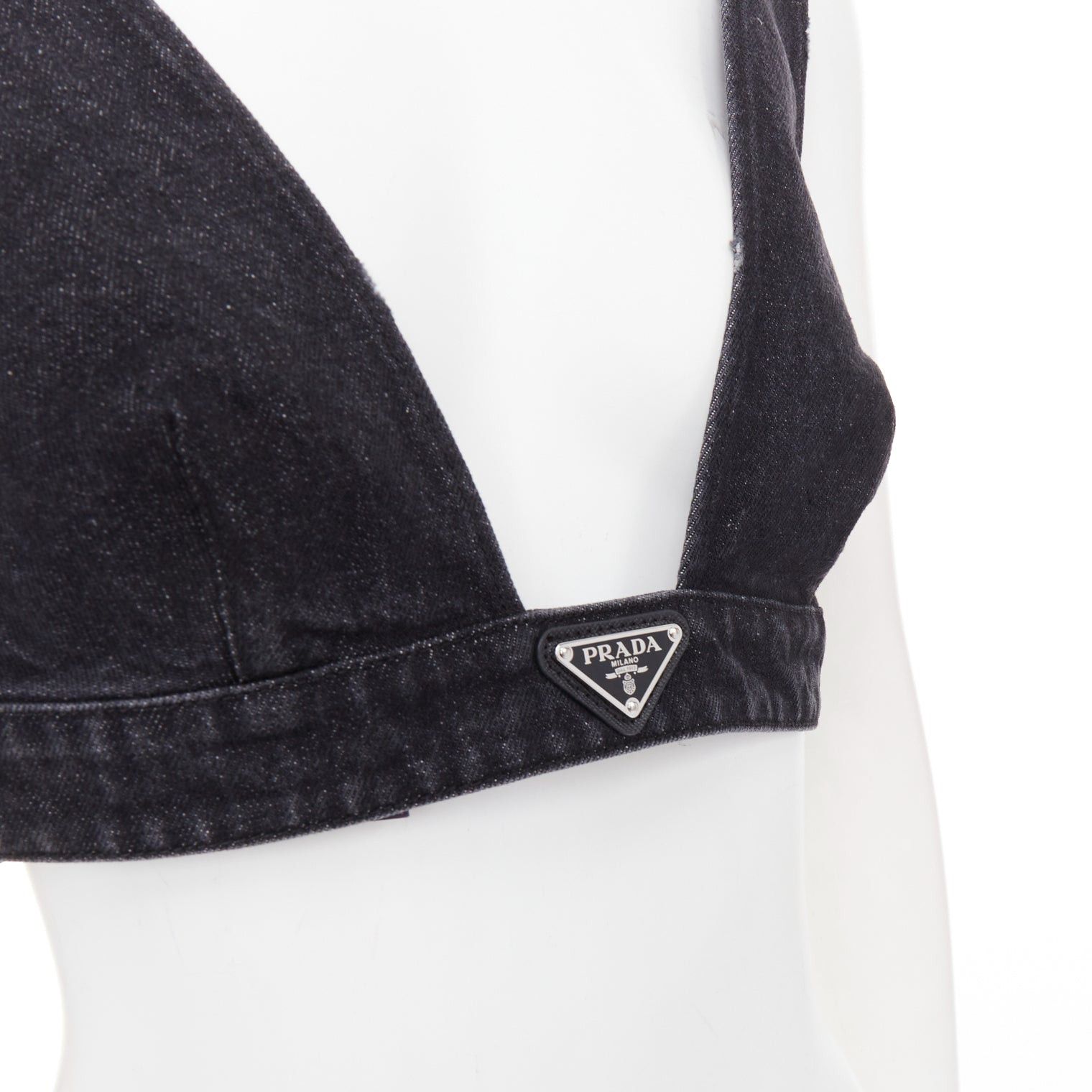 Prada PRADA 2022 dark grey denim black triangle logo plaque bralette crop top IT40 S Size S / US 4 / IT 40 - 2 Thumbnail