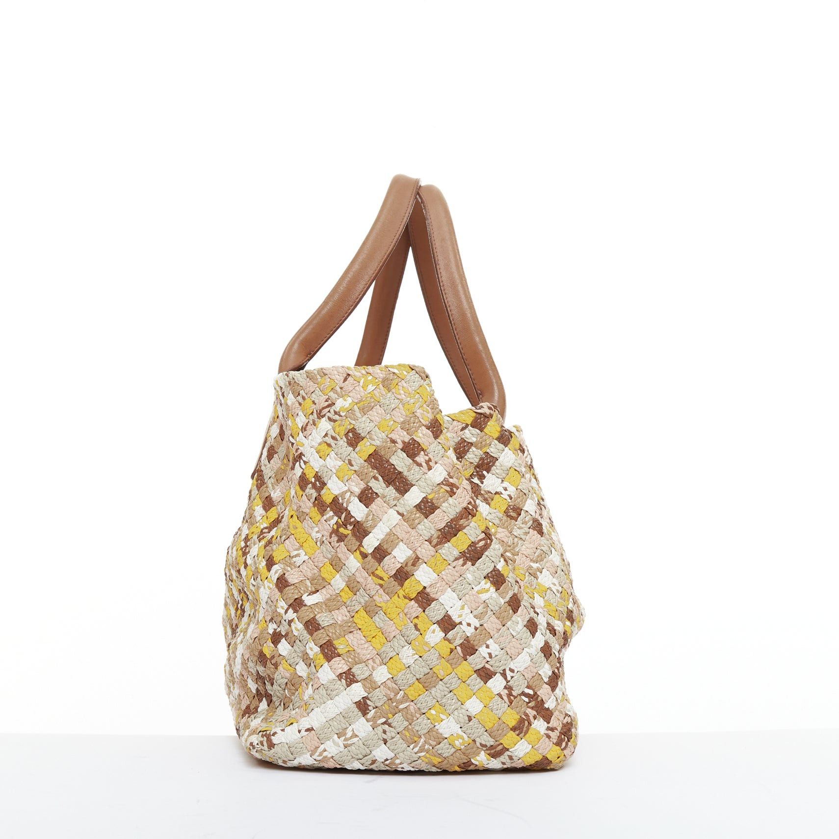 BOTTEGA VENETA Limited Edition Cabat Intrecciato basket woven yellow pink cream tote bag