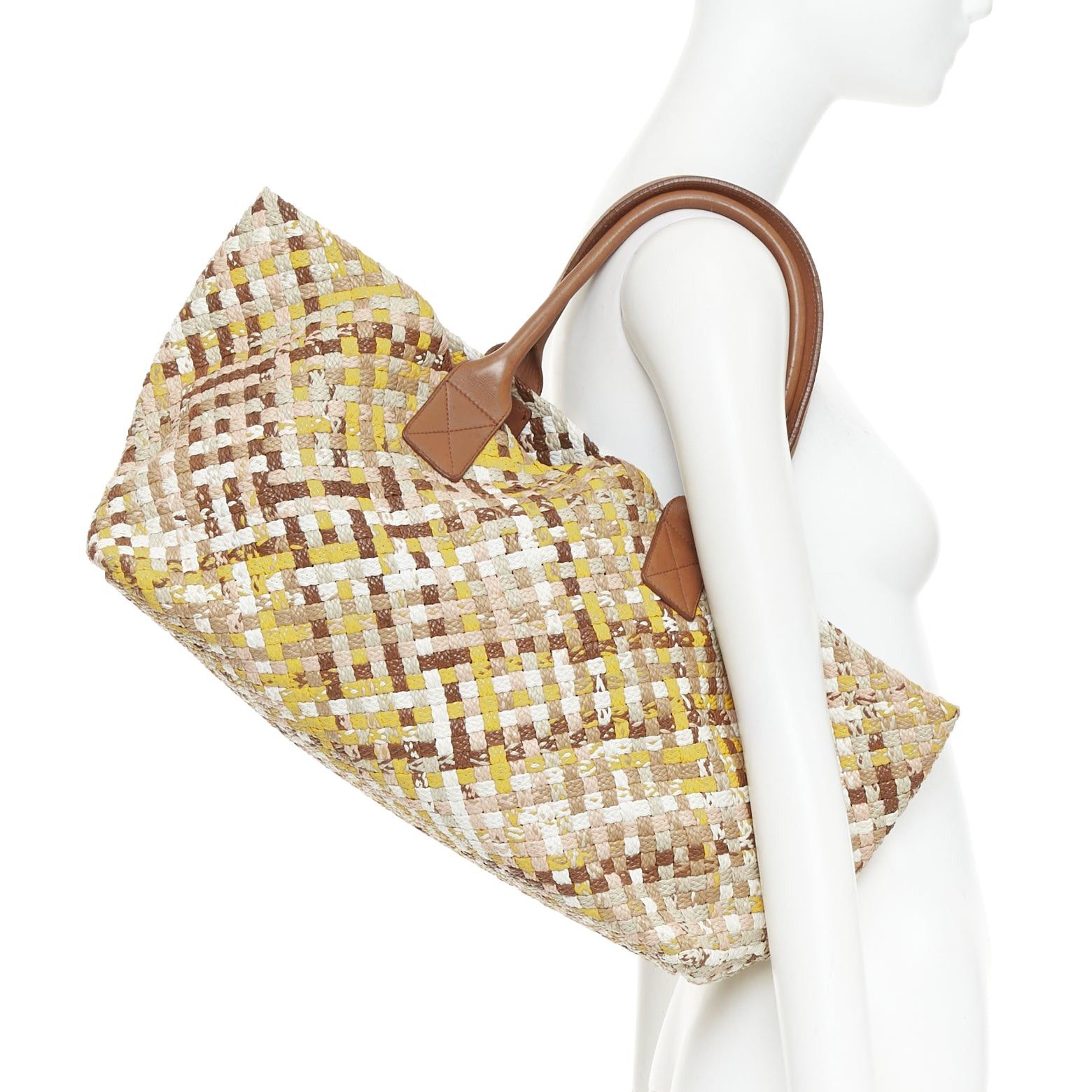 BOTTEGA VENETA Limited Edition Cabat Intrecciato basket woven yellow pink cream tote bag