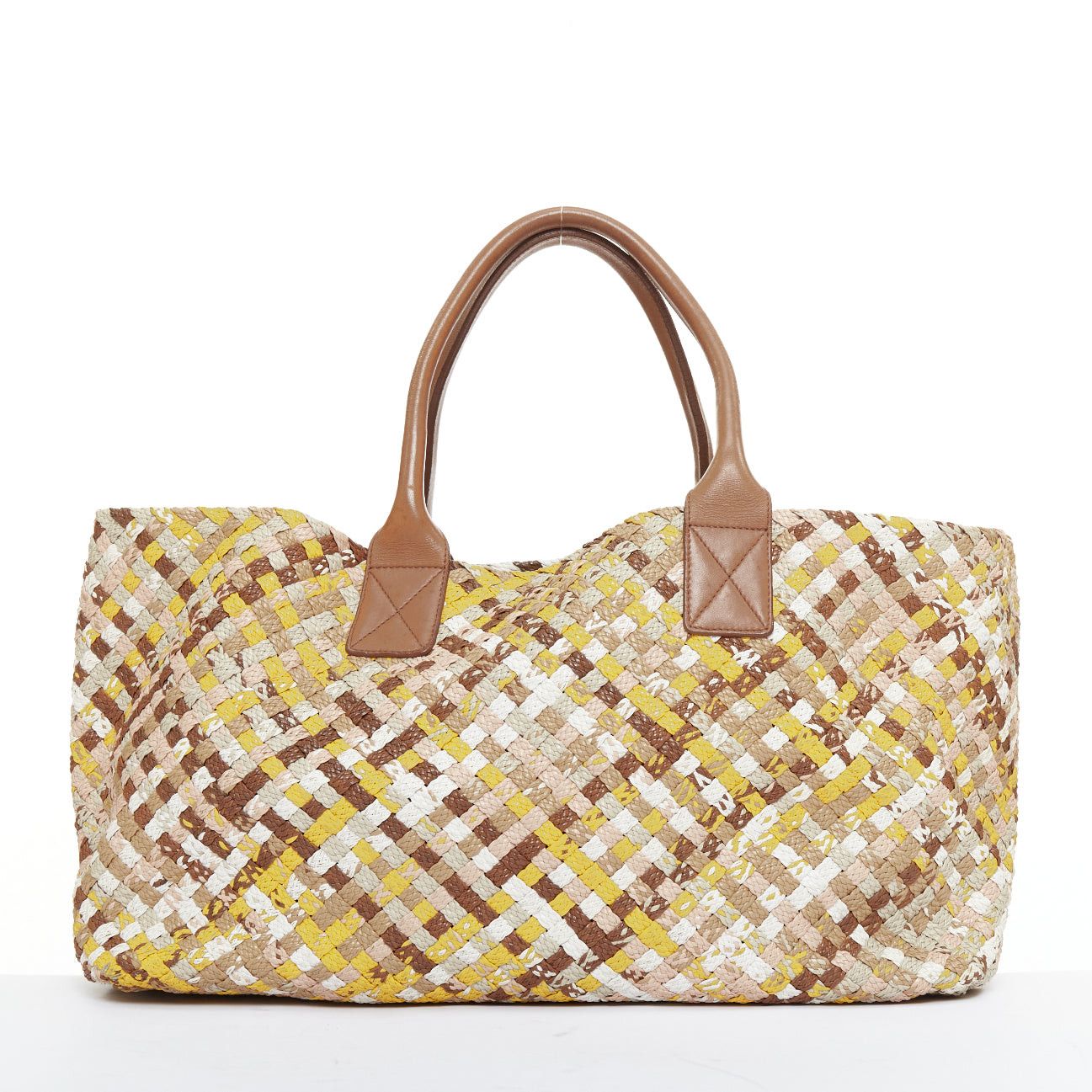 BOTTEGA VENETA Limited Edition Cabat Intrecciato basket woven yellow pink cream tote bag