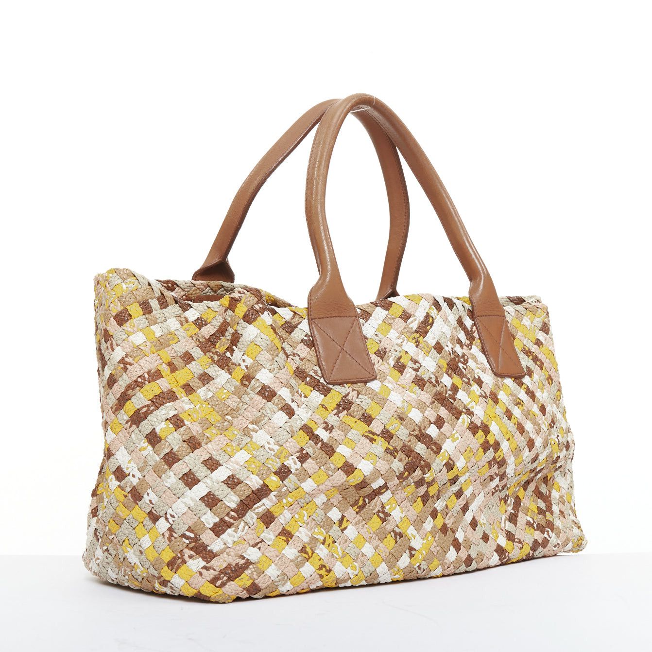 BOTTEGA VENETA Limited Edition Cabat Intrecciato basket woven yellow pink cream tote bag
