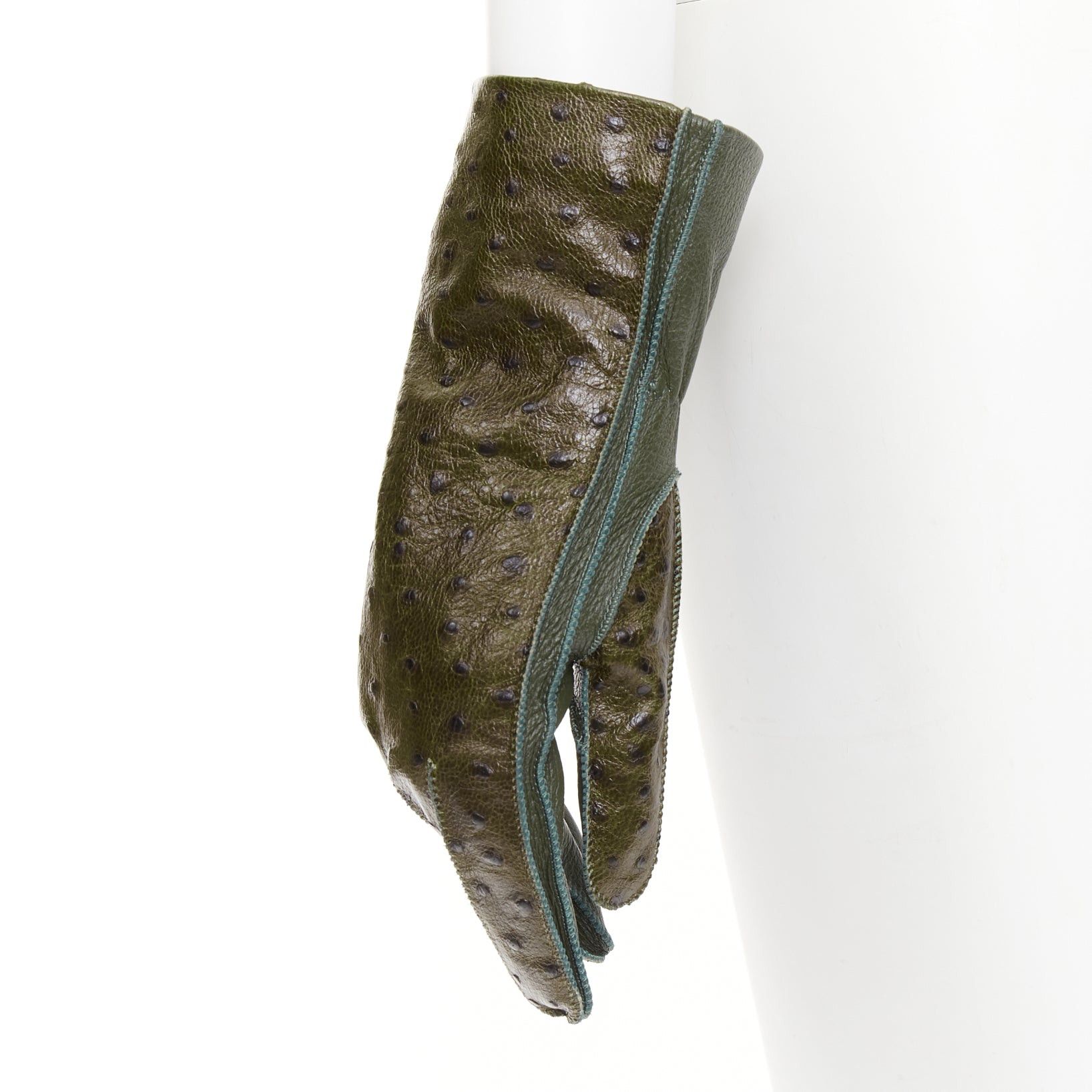 Bottega Veneta BOTTEGA VENETA dark green ostrich-effect buffed goatskin cashmere lined gloves Sz.8 Size ONE SIZE - 3 Thumbnail