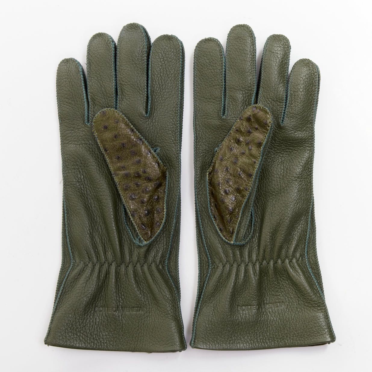 Bottega Veneta BOTTEGA VENETA dark green ostrich-effect buffed goatskin cashmere lined gloves Sz.8 Size ONE SIZE - 2 Thumbnail