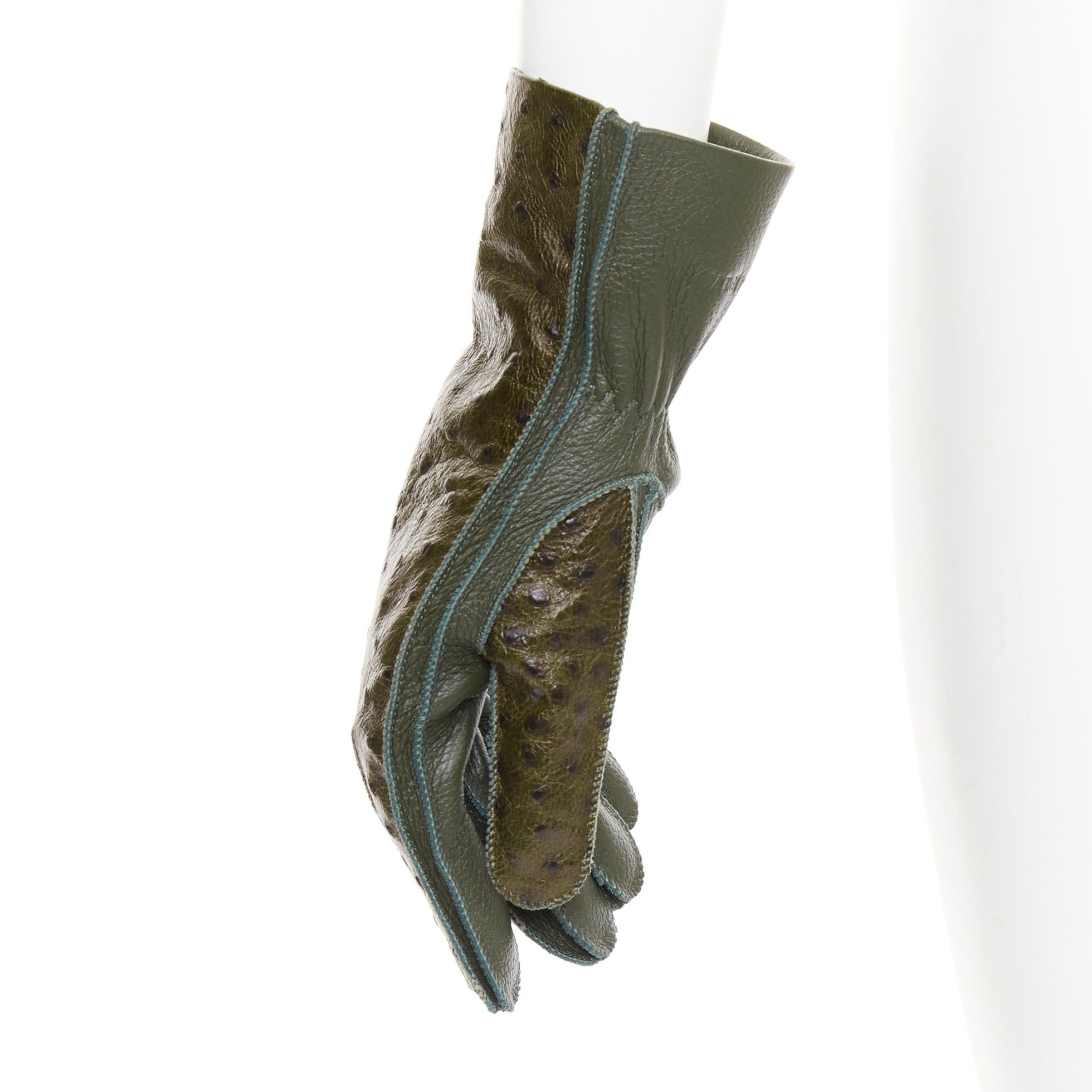 Bottega Veneta BOTTEGA VENETA dark green ostrich-effect buffed goatskin cashmere lined gloves Sz.8 Size ONE SIZE - 5 Thumbnail