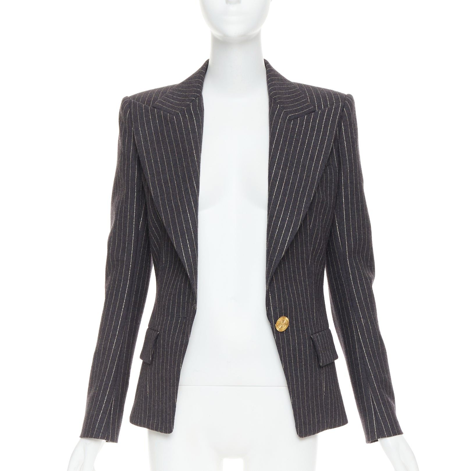 Alexandre Vauthier ALEXANDRE VAUTHIER dark grey metallic gold pinstripes single breasted blazer FR36 S Size S / US 4 / IT 40 - 3 Thumbnail