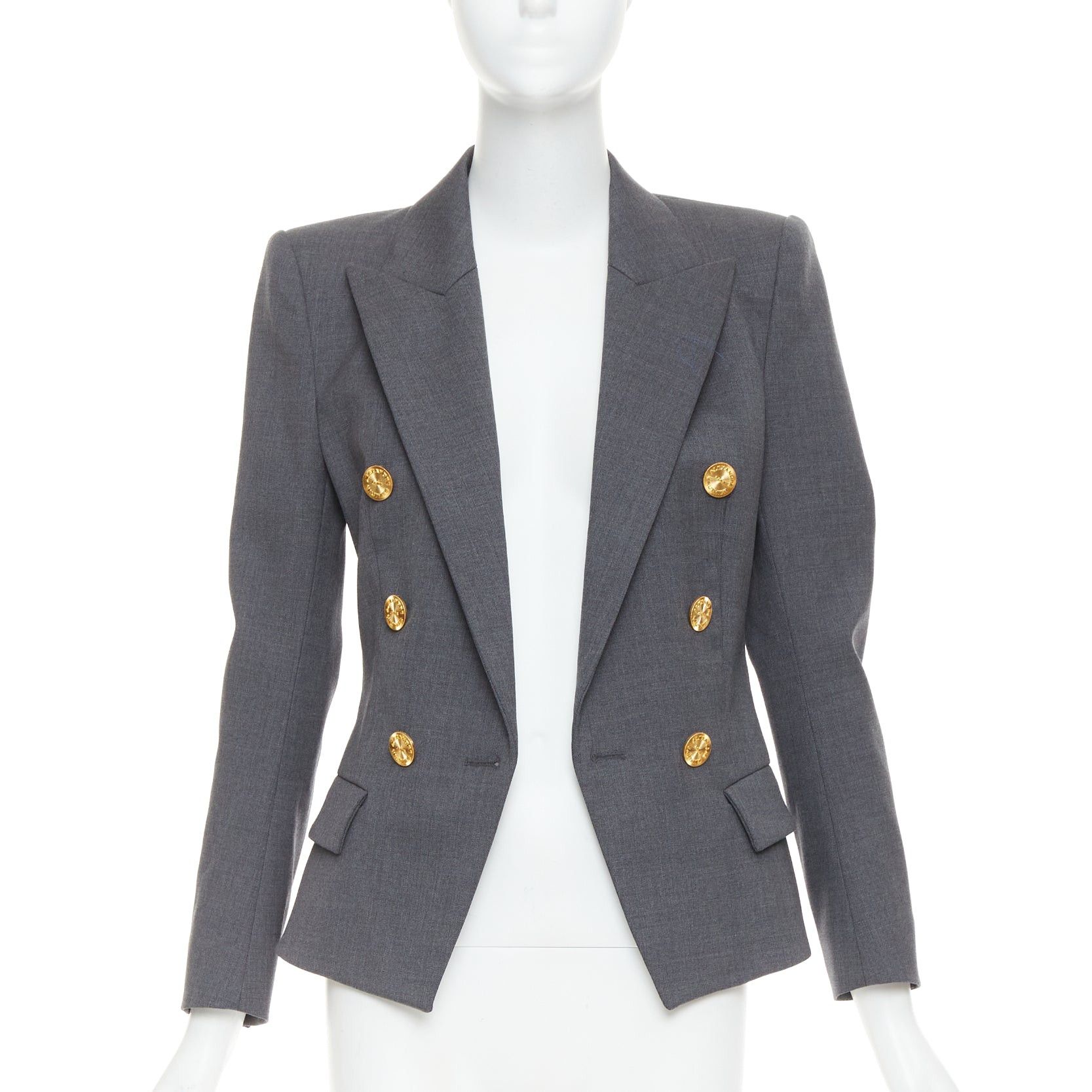 Alexandre Vauthier ALEXANDRE VAUTHIER grey wool gold sunburst buttons double breasted blazer jacket Size S / US 4 / IT 40 - 3 Thumbnail