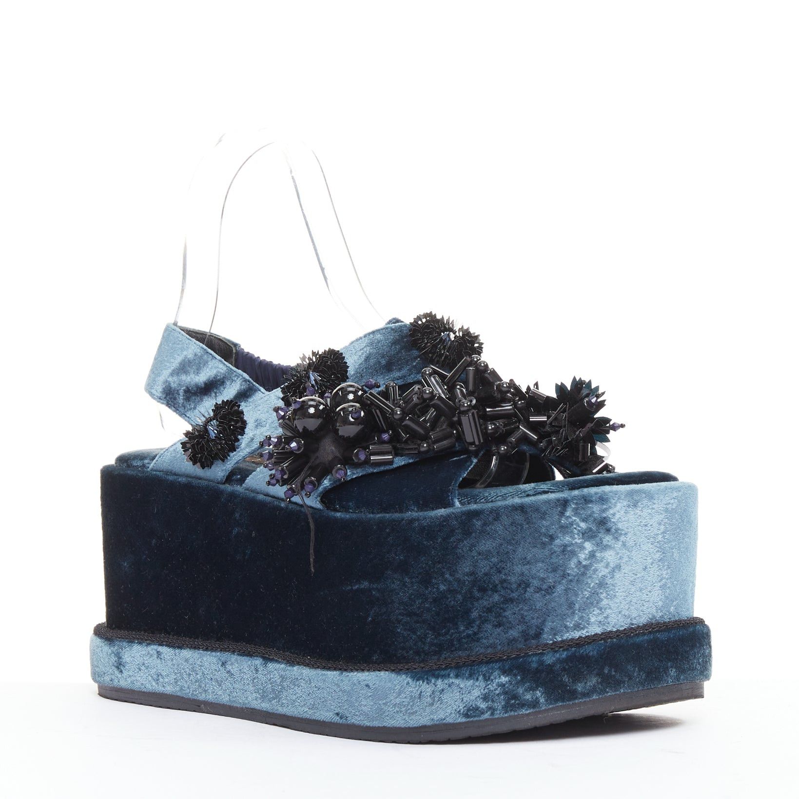 Other BIYAN blue velvet black beads sequin embellished platform wedges shoes EU39 Size US 9 / IT 39 - 3 Thumbnail
