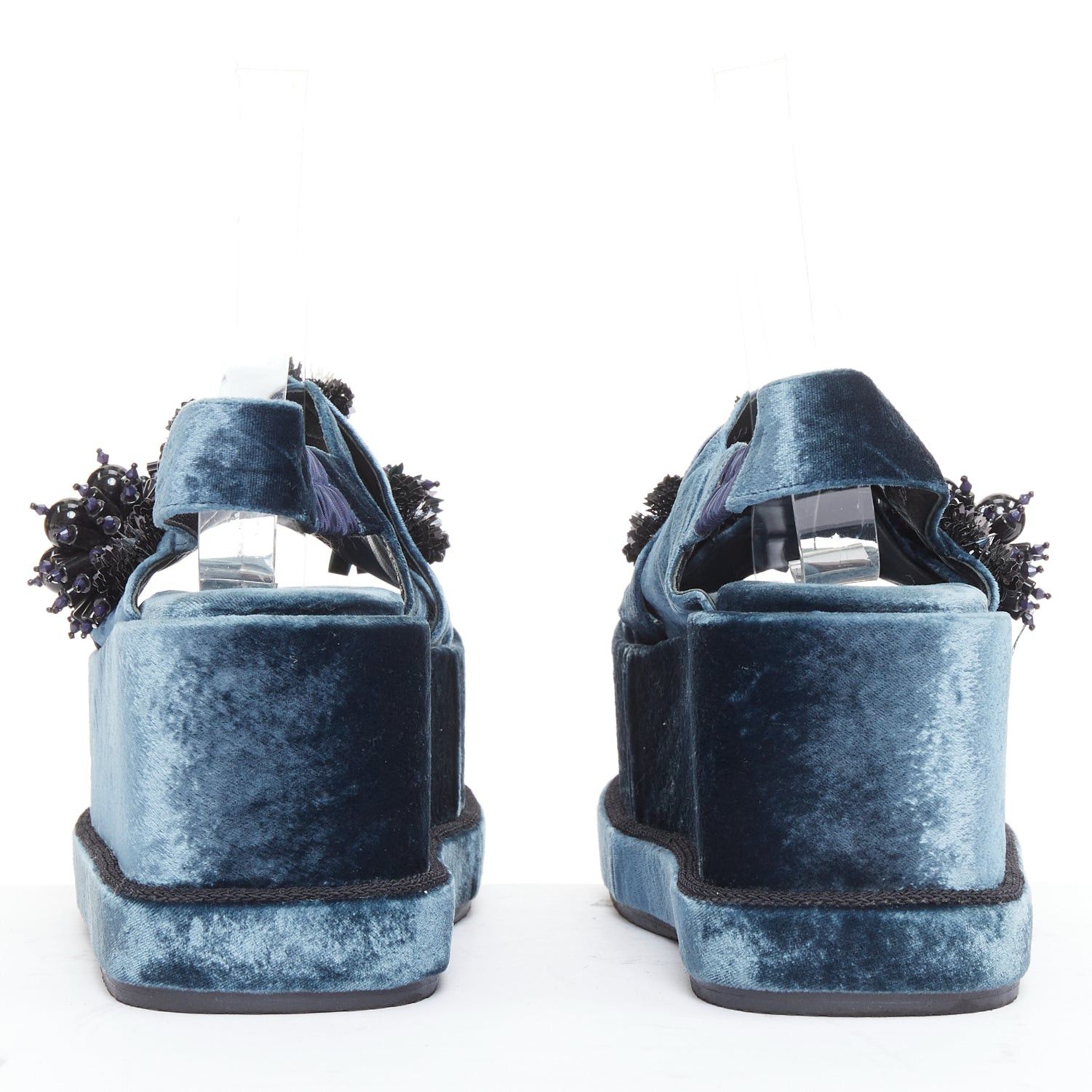 Other BIYAN blue velvet black beads sequin embellished platform wedges shoes EU39 Size US 9 / IT 39 - 6 Thumbnail