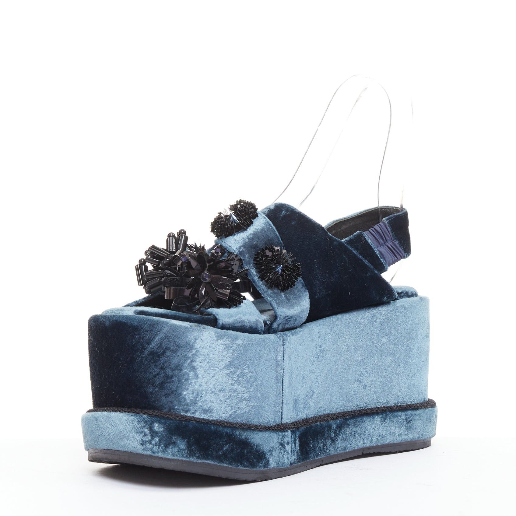 Other BIYAN blue velvet black beads sequin embellished platform wedges shoes EU39 Size US 9 / IT 39 - 5 Thumbnail