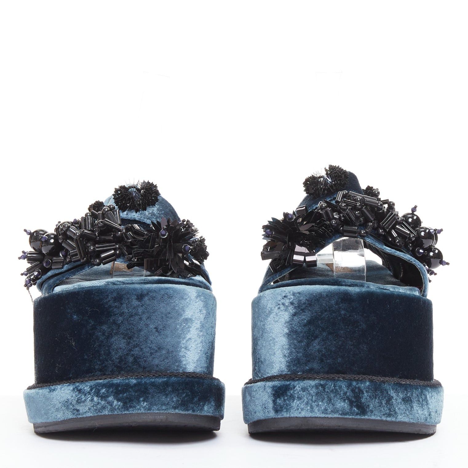 Other BIYAN blue velvet black beads sequin embellished platform wedges shoes EU39 Size US 9 / IT 39 - 4 Thumbnail