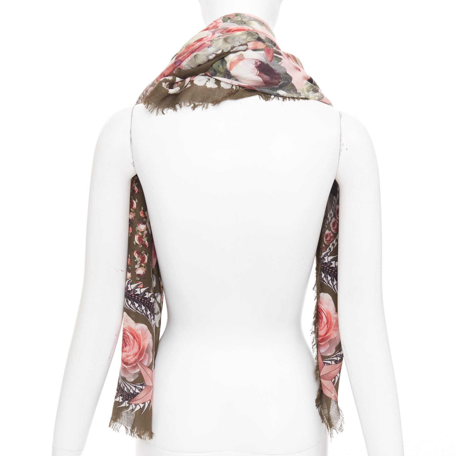 Givenchy GIVENCHY Riccardo Tisci pink olive green wool silk rose print fringed trim scarf Size ONE SIZE - 5 Thumbnail