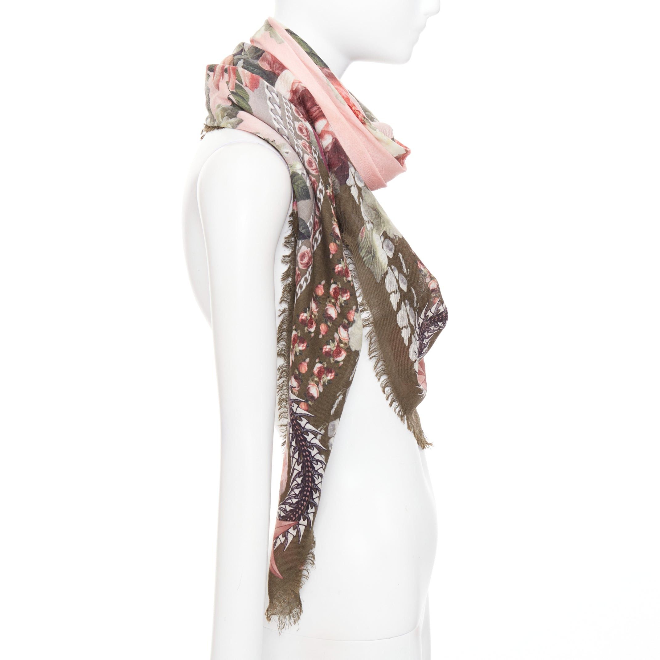 Givenchy GIVENCHY Riccardo Tisci pink olive green wool silk rose print fringed trim scarf Size ONE SIZE - 4 Thumbnail