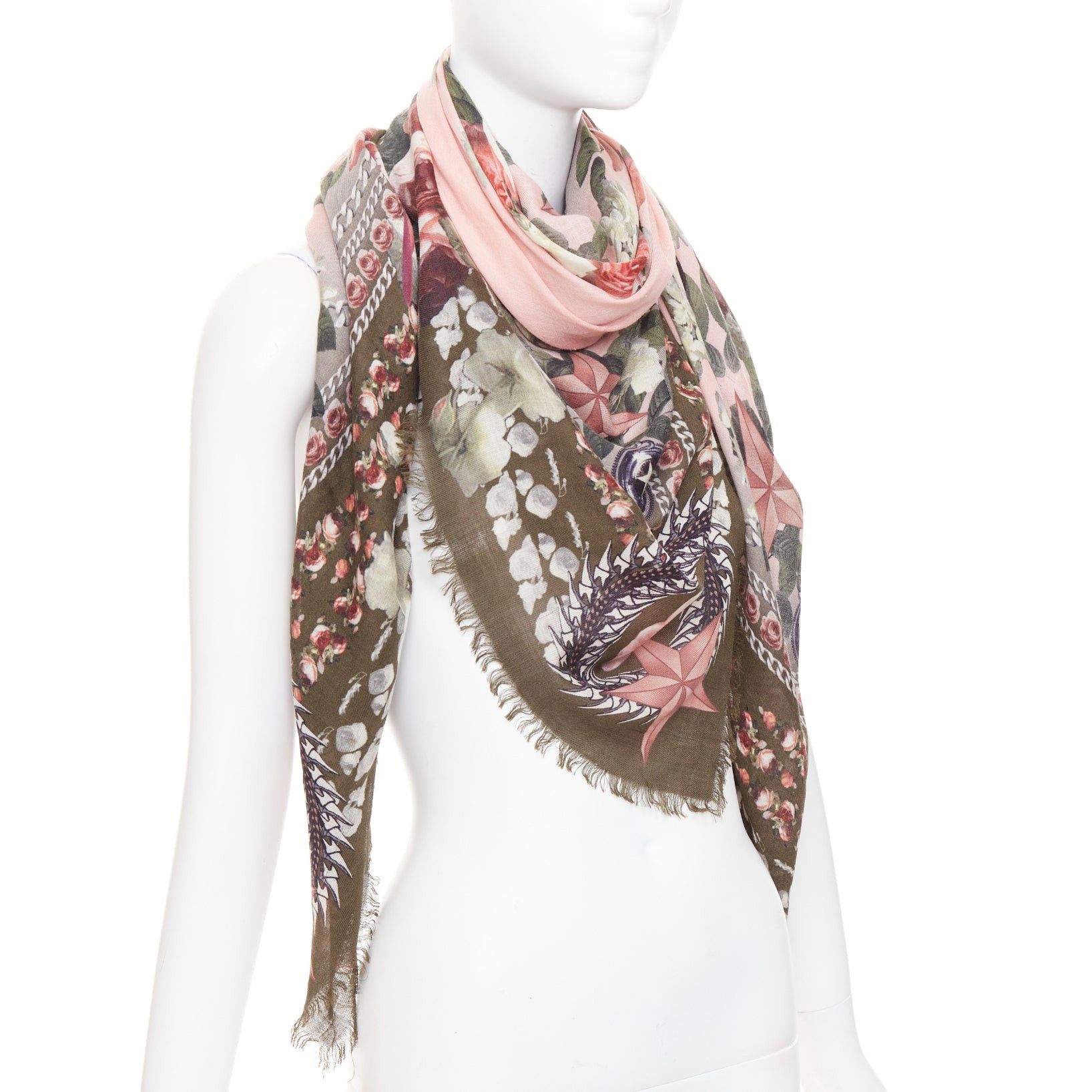 Givenchy GIVENCHY Riccardo Tisci pink olive green wool silk rose print fringed trim scarf Size ONE SIZE - 3 Thumbnail