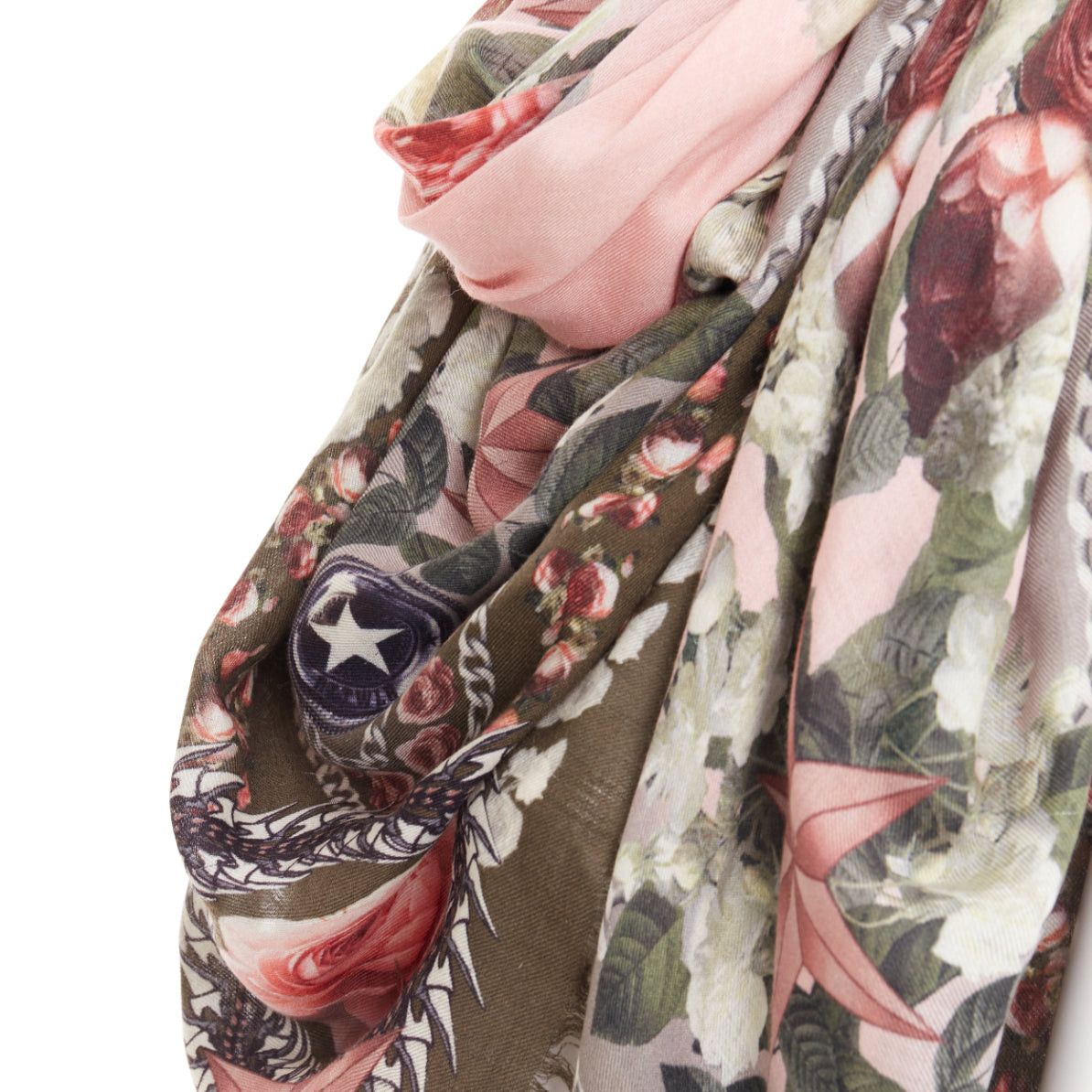 Givenchy GIVENCHY Riccardo Tisci pink olive green wool silk rose print fringed trim scarf Size ONE SIZE - 2 Thumbnail