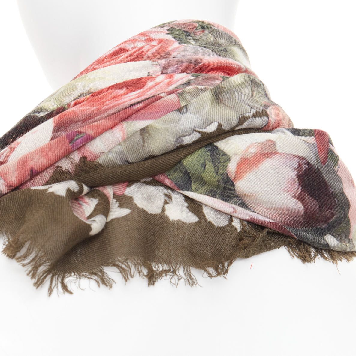 Givenchy GIVENCHY Riccardo Tisci pink olive green wool silk rose print fringed trim scarf Size ONE SIZE - 6 Thumbnail