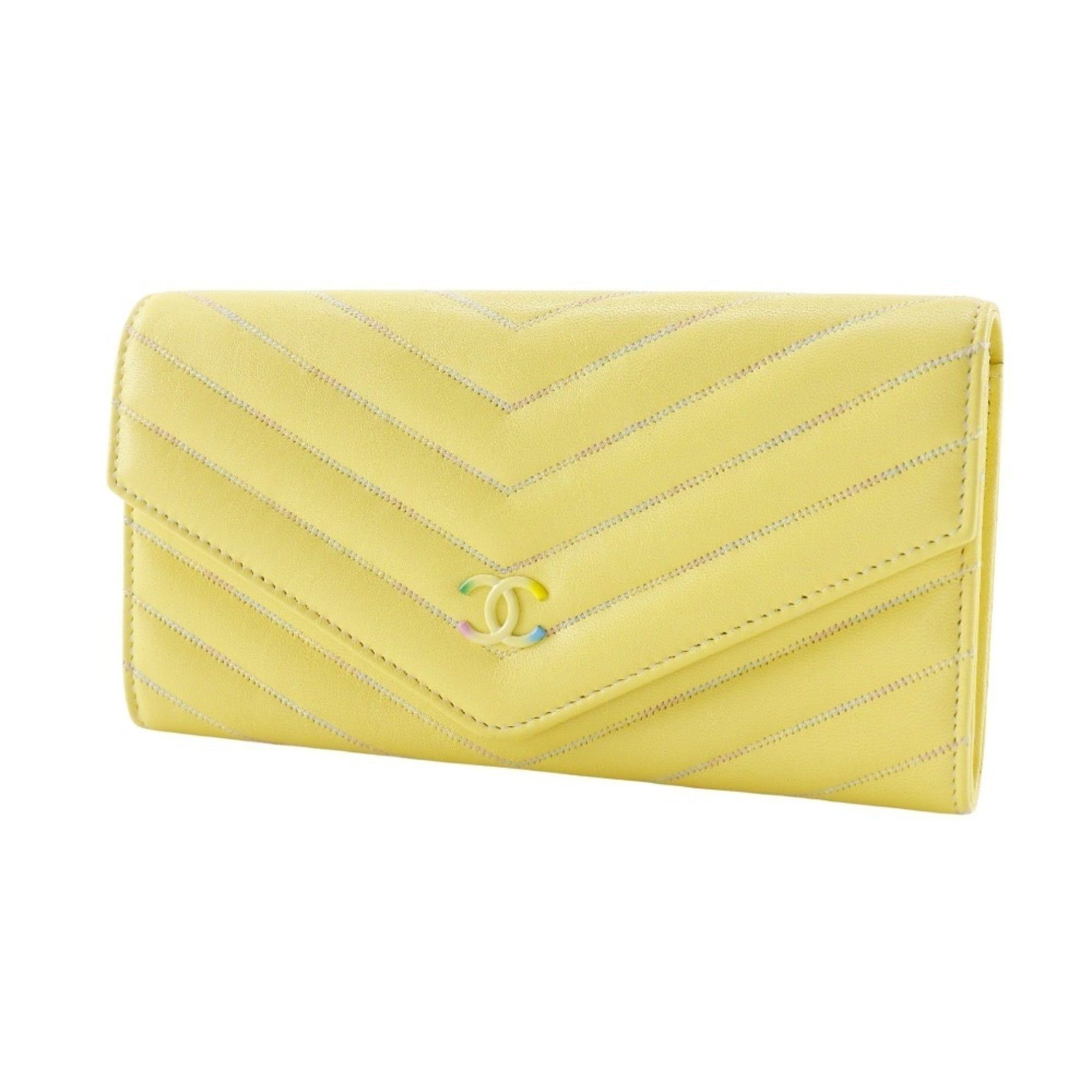 Chanel Chanel V stitch long wallet Coco mark lambskin yellow snap button women's Size ONE SIZE - 2 Thumbnail