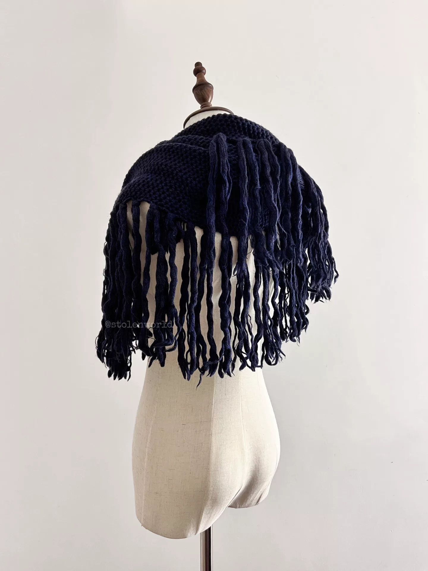 Y's soft wool fringed shawl in navy blue Size ONE SIZE - 4 Thumbnail