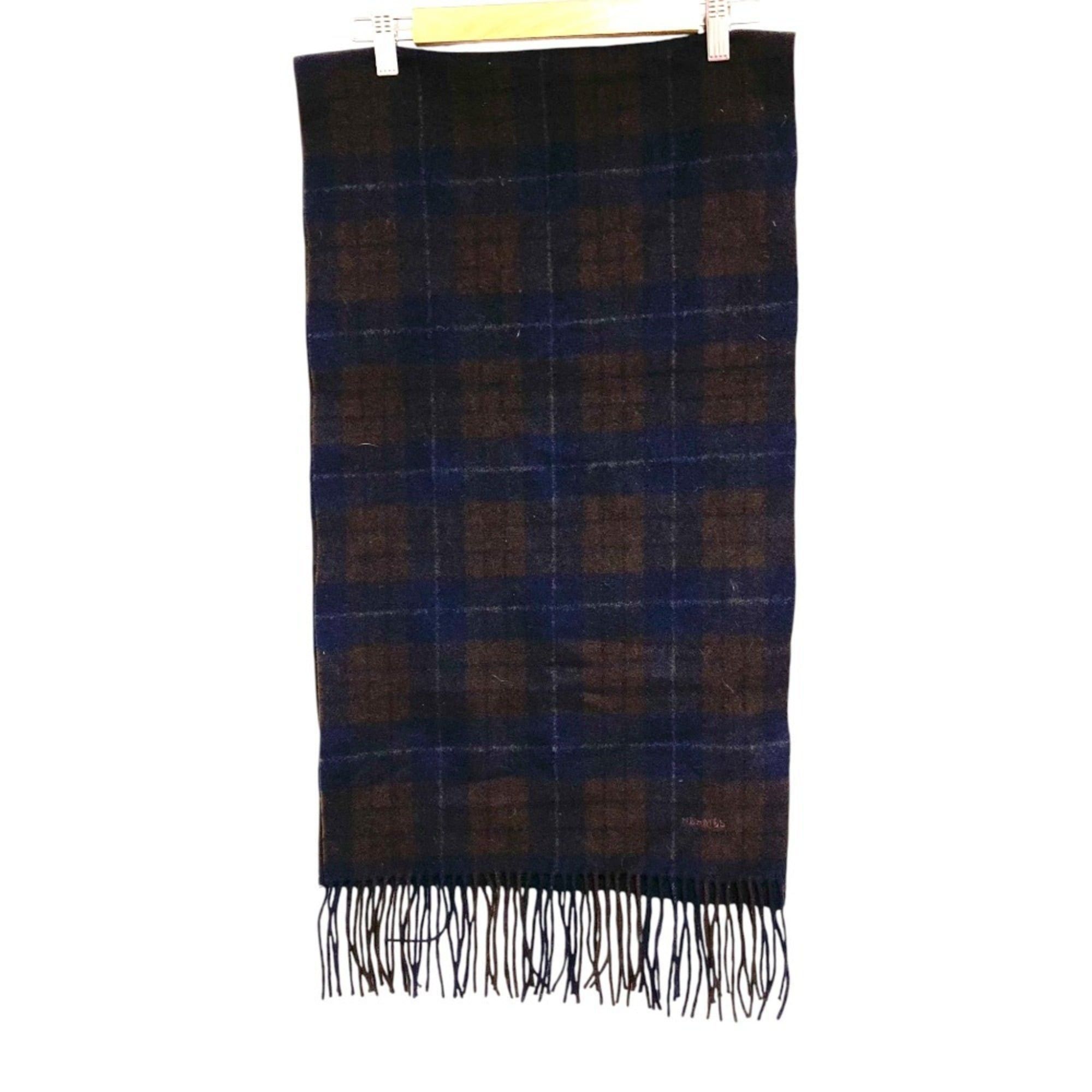 Hermes HERMES 100% Cashmere Check Scarf in Brown and Navy for Men Women Size ONE SIZE - 2 Thumbnail