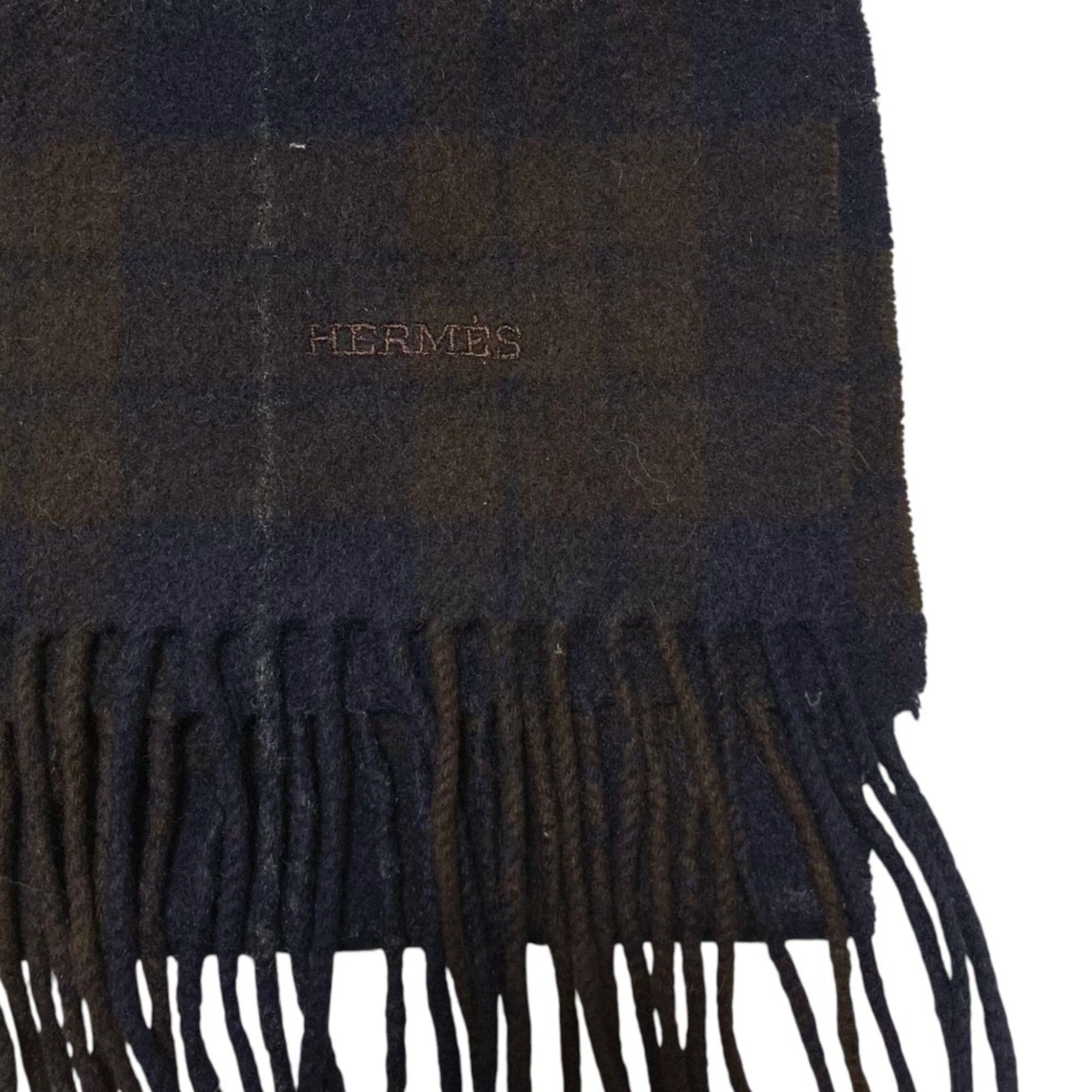 Hermes HERMES 100% Cashmere Check Scarf in Brown and Navy for Men Women Size ONE SIZE - 4 Thumbnail