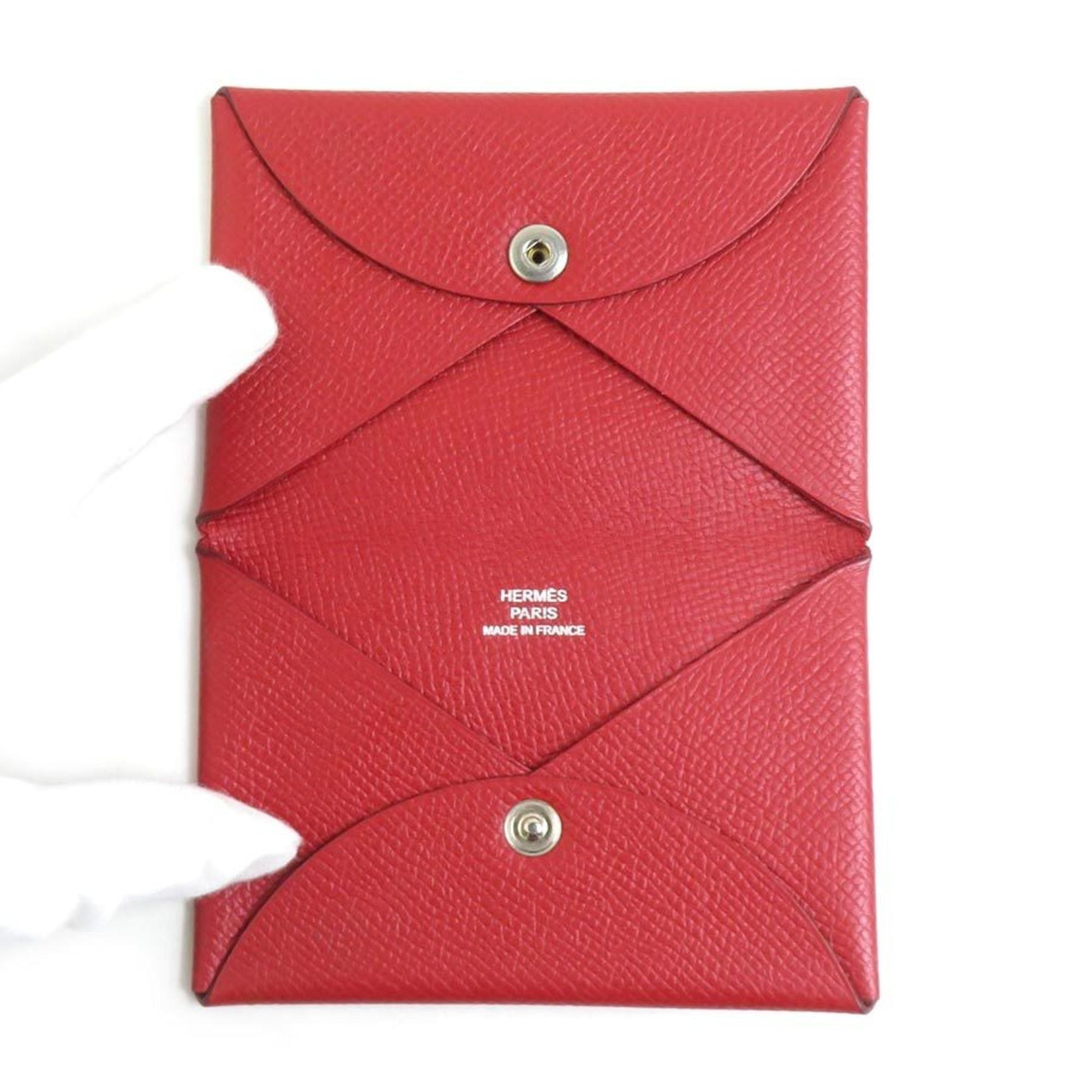 Hermes Hermes Hermès Calvi Leather Card Case in Dark Red for Women, e61279a Size ONE SIZE - 3 Thumbnail