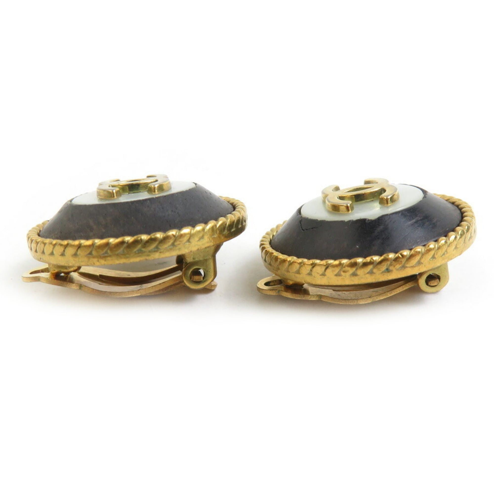 Chanel CHANEL Coco Mark Earrings in Metal/Wood/Shell, Gold/Black/White, Women's, e61303a Size ONE SIZE - 2 Thumbnail