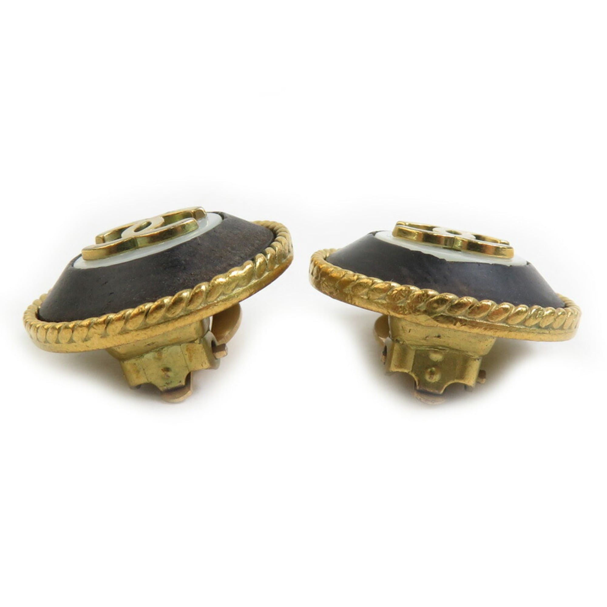 Chanel CHANEL Coco Mark Earrings in Metal/Wood/Shell, Gold/Black/White, Women's, e61303a Size ONE SIZE - 3 Thumbnail