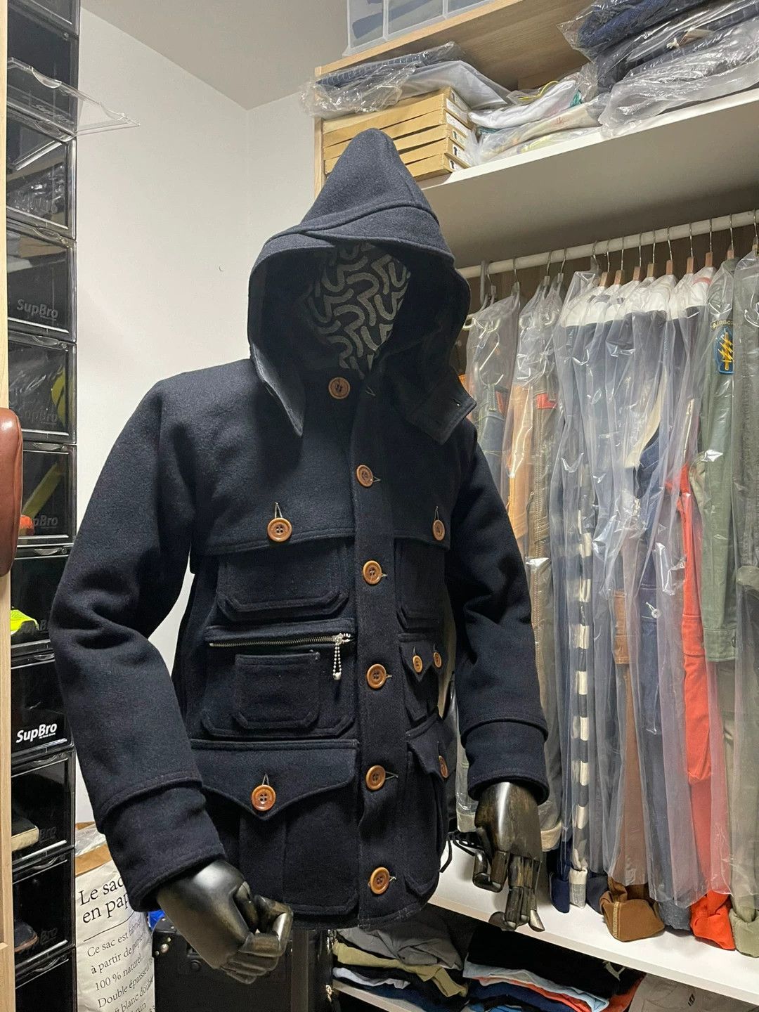 Freewheelers navy wool multi-pocket coat with detachable hood Size US L / EU 52-54 / 3 - 4 Thumbnail