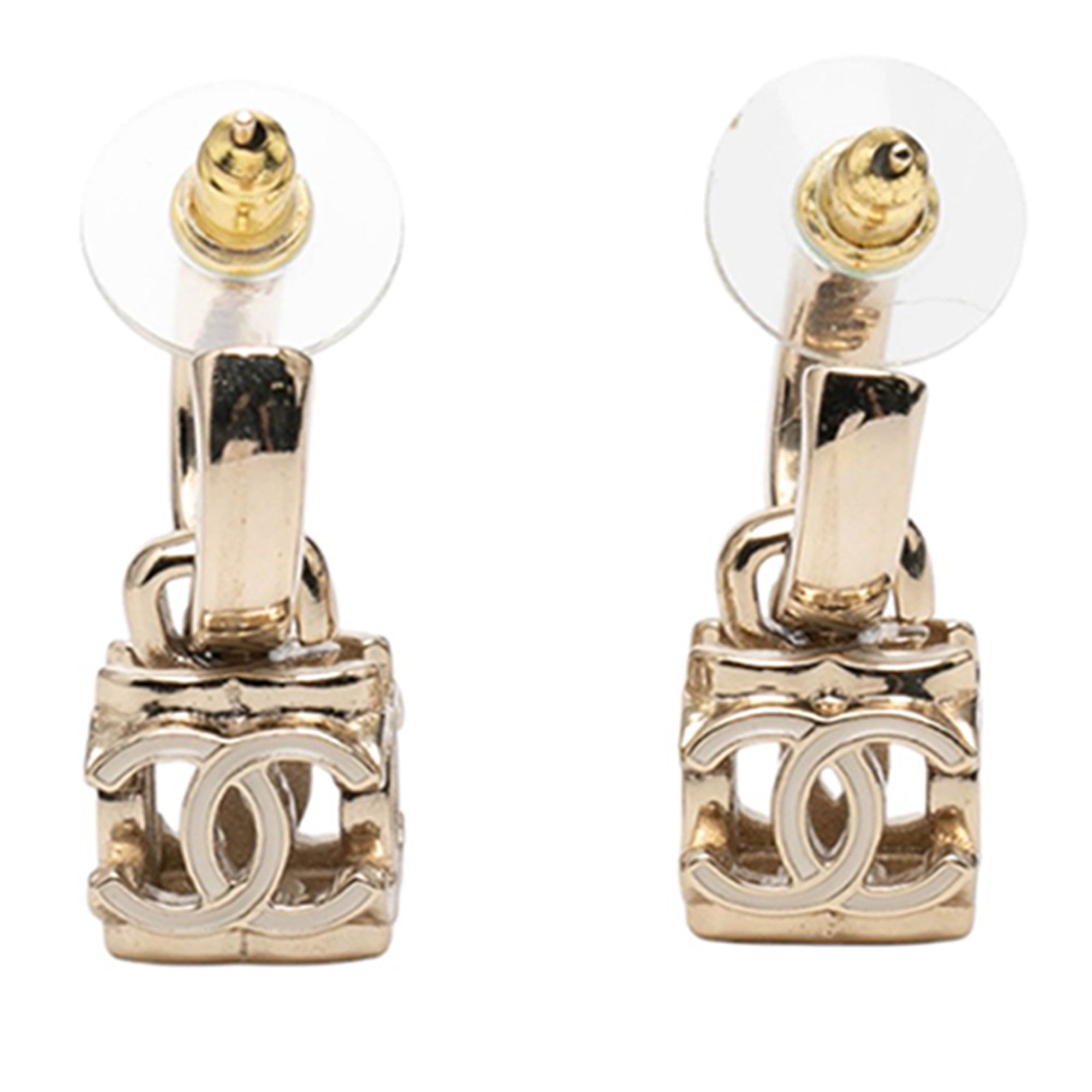 Chanel Chanel CC Gold Plated Enamel Cube Drop Hoop Push Back Earrings Size ONE SIZE - 2 Thumbnail