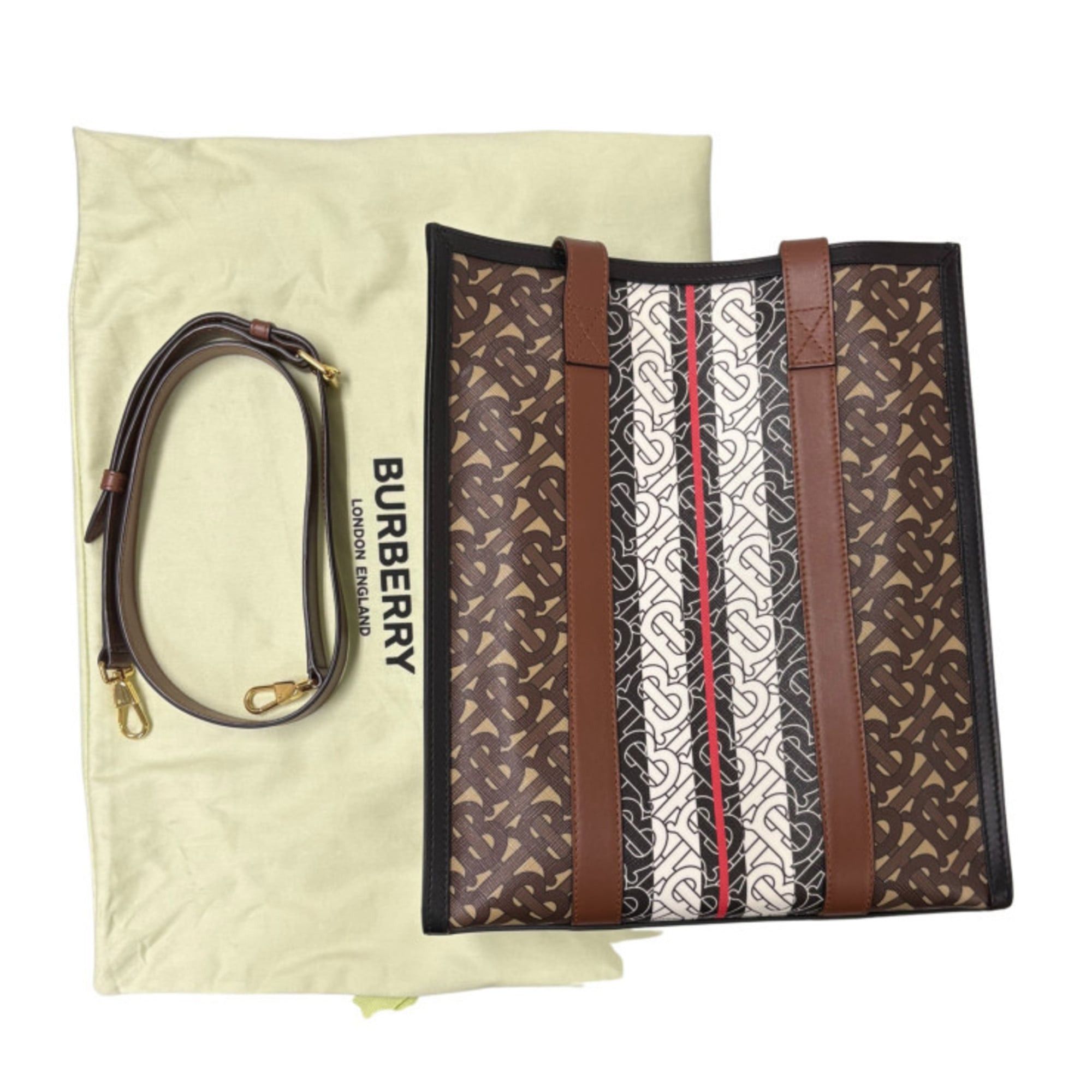 Burberry BURBERRY Small Monogram Stripe E-Canvas Portrait Tote Bag, 8024294, Bridle Brown, for Men and Women Size ONE SIZE - 8 Thumbnail