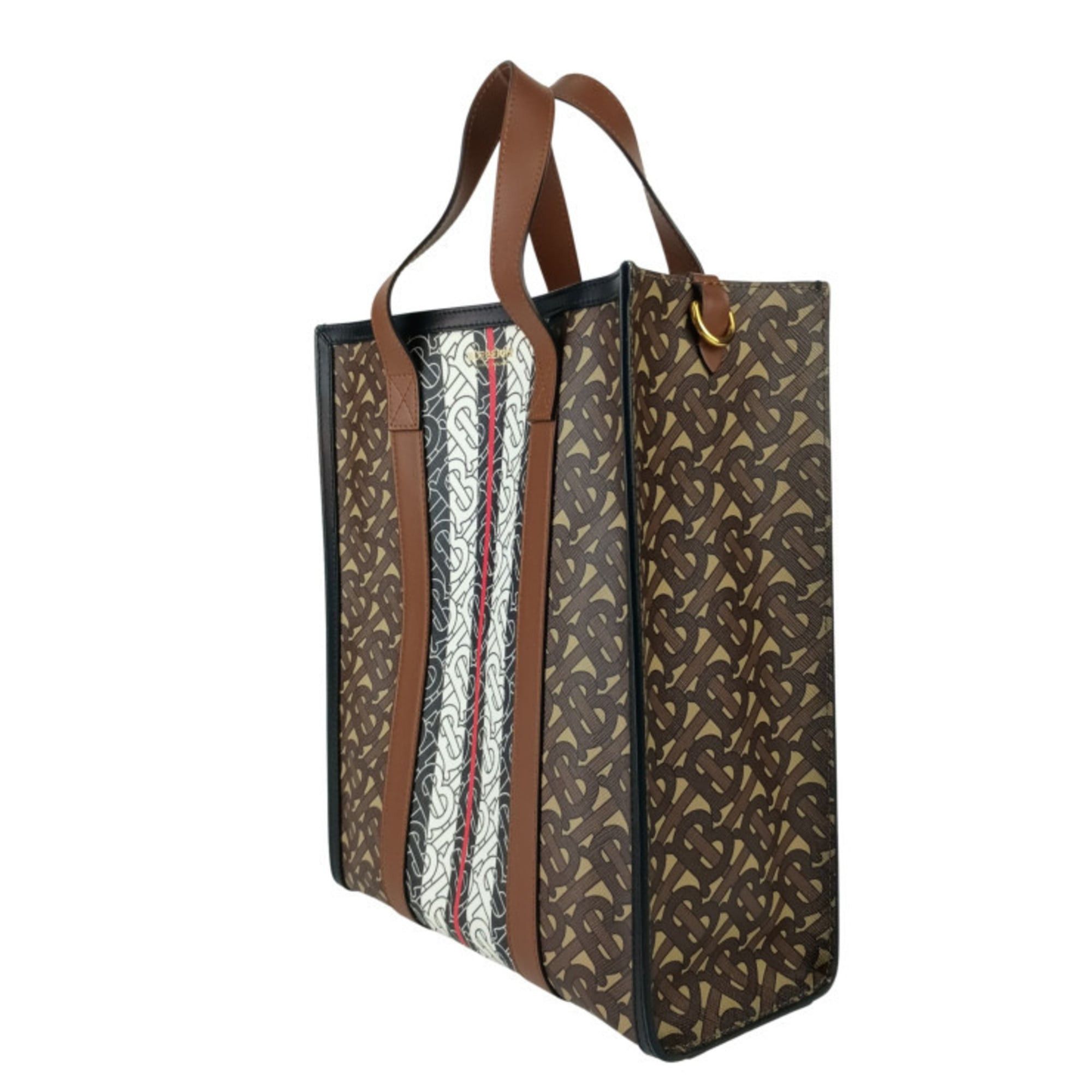 Burberry BURBERRY Small Monogram Stripe E-Canvas Portrait Tote Bag, 8024294, Bridle Brown, for Men and Women Size ONE SIZE - 2 Thumbnail