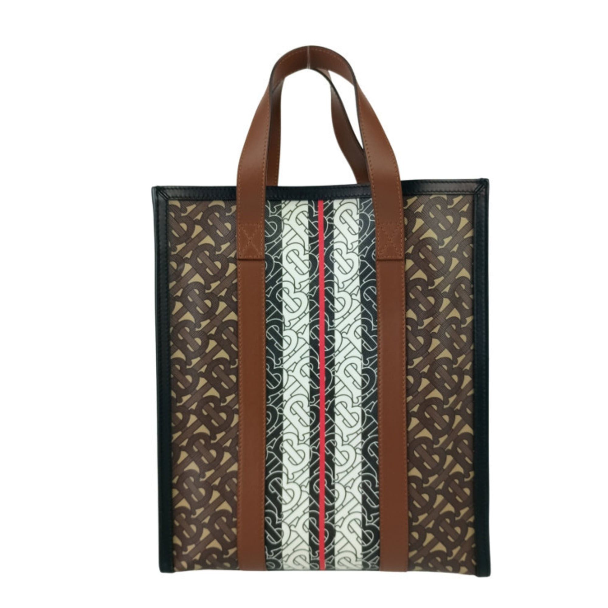 Burberry BURBERRY Small Monogram Stripe E-Canvas Portrait Tote Bag, 8024294, Bridle Brown, for Men and Women Size ONE SIZE - 3 Thumbnail