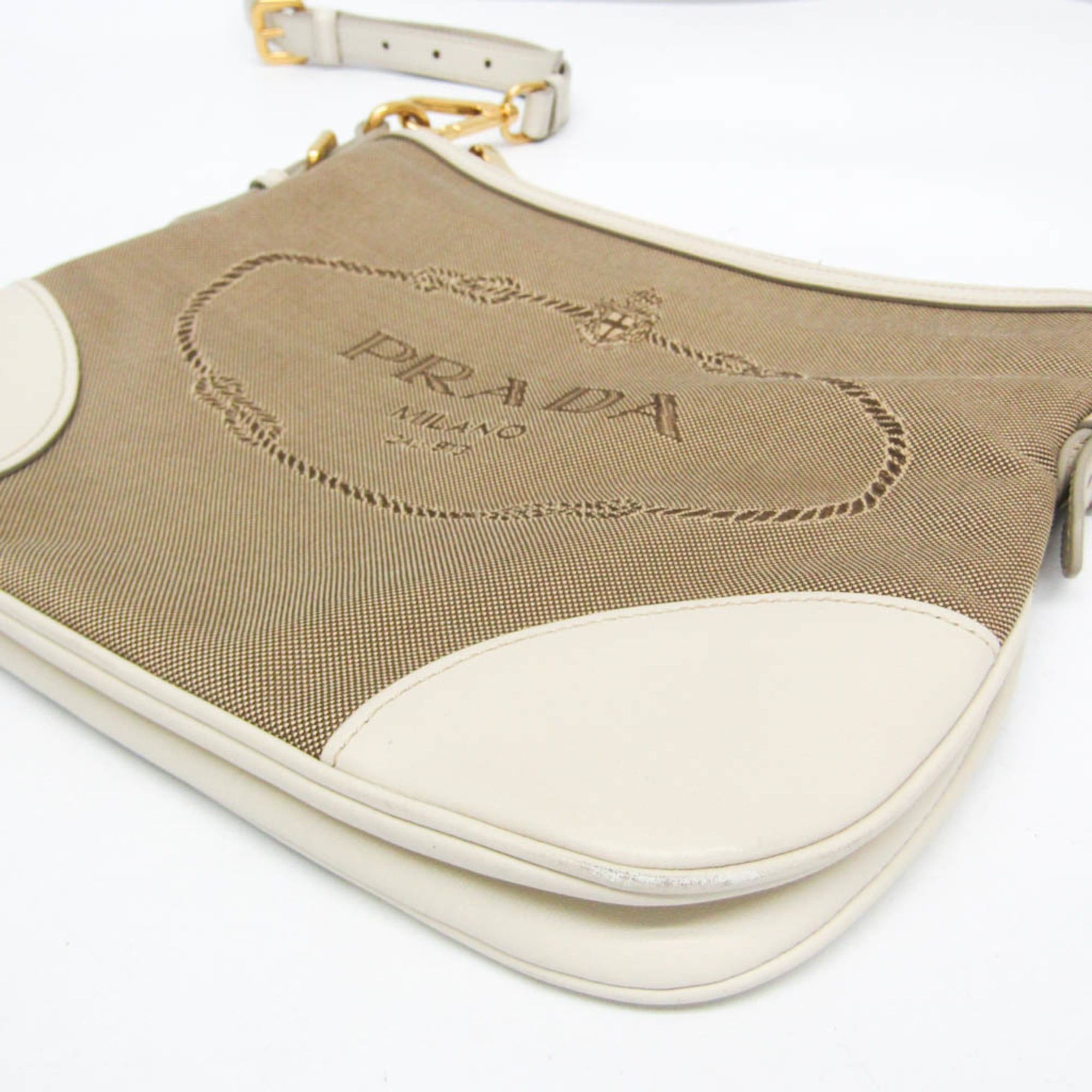 Prada Prada LOGO JACQUARD BT867A Women's Canvas,Leather Shoulder Bag Beige,Off-white Size ONE SIZE - 4 Thumbnail