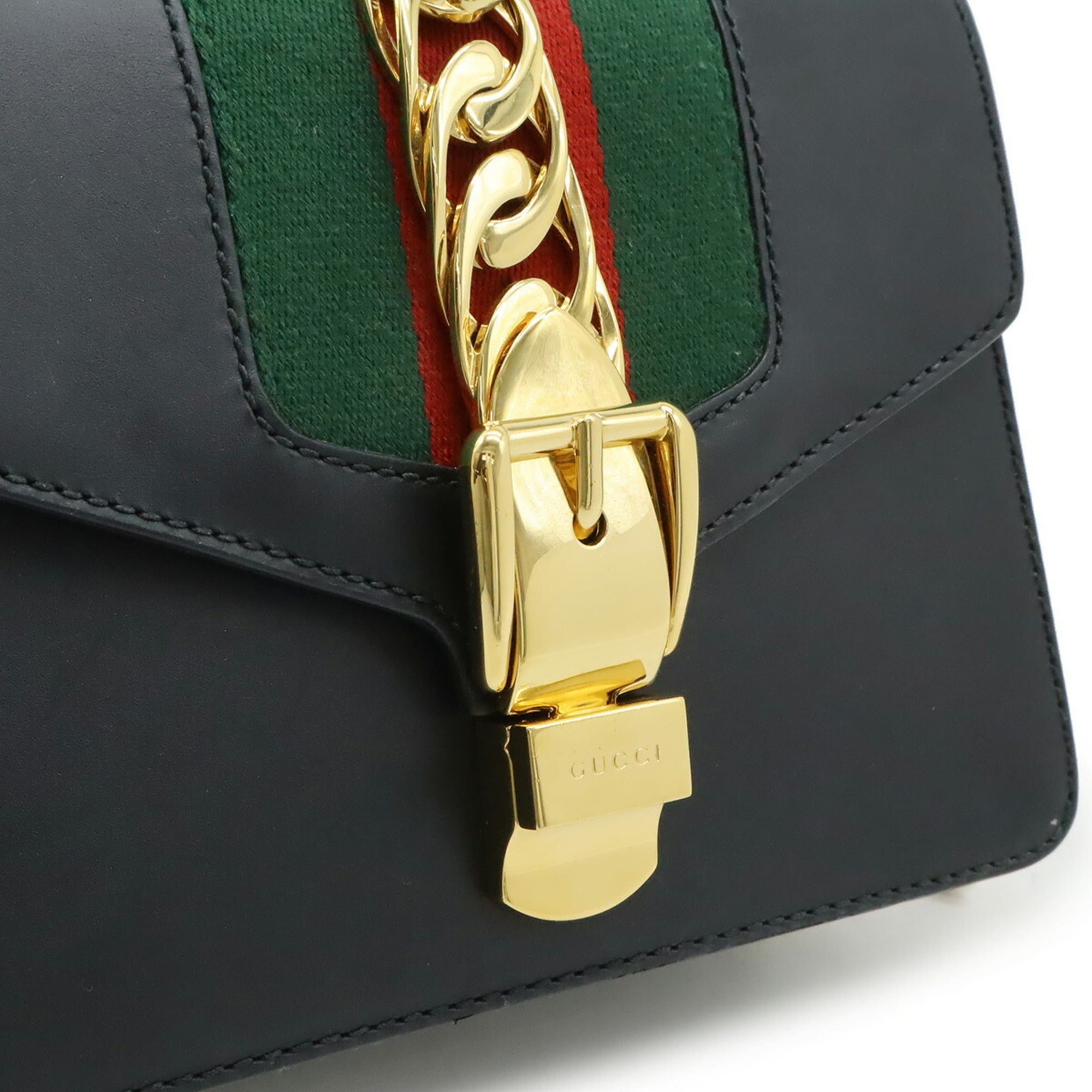 Gucci GUCCI Sylvie Web Line Ribbon Mini Chain Shoulder Bag/Pochette in Black Leather (Product Code: 431666) Size ONE SIZE - 9 Thumbnail